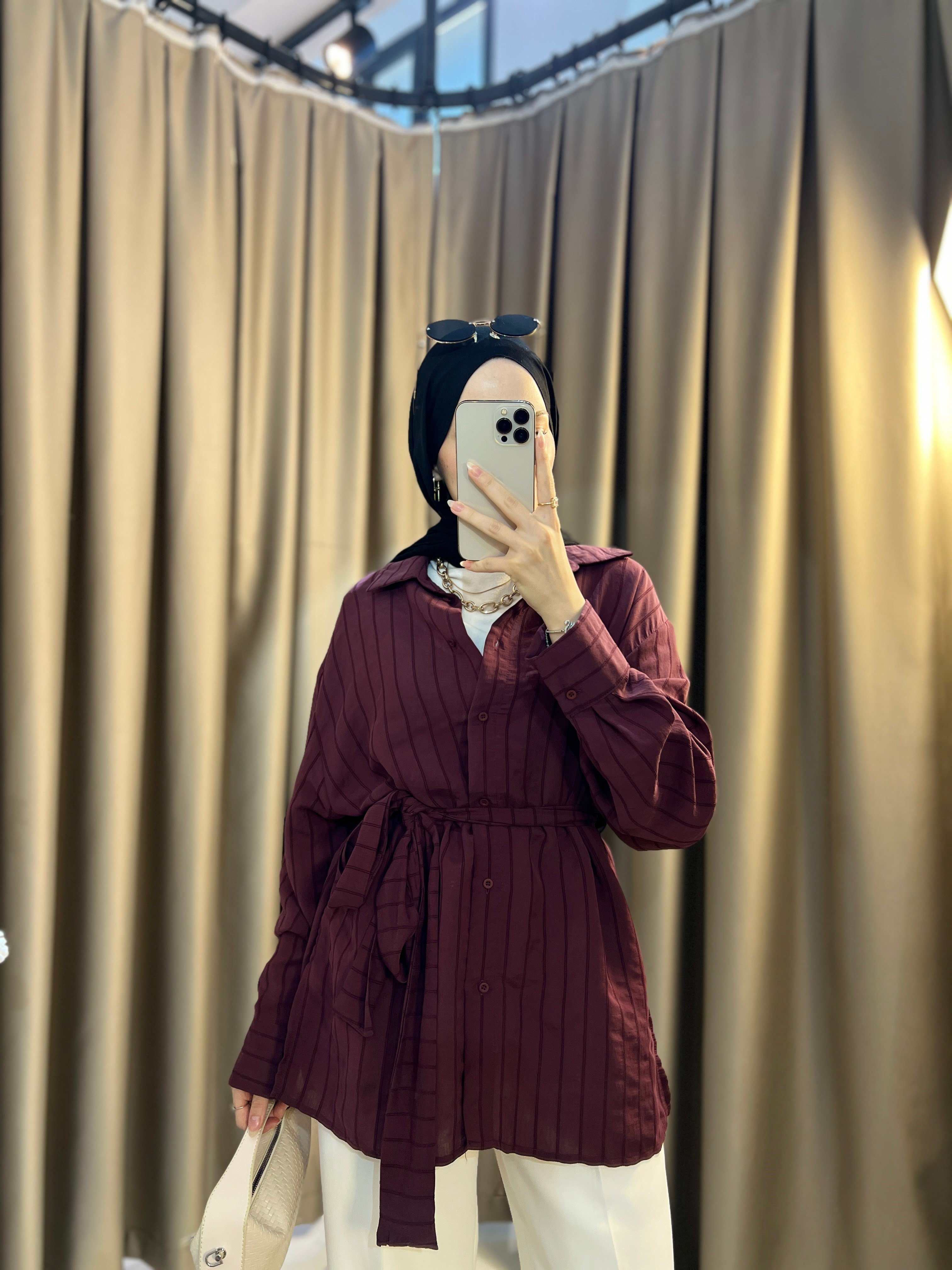 Echo Beli Kuşaklı Gömlek- Bordo