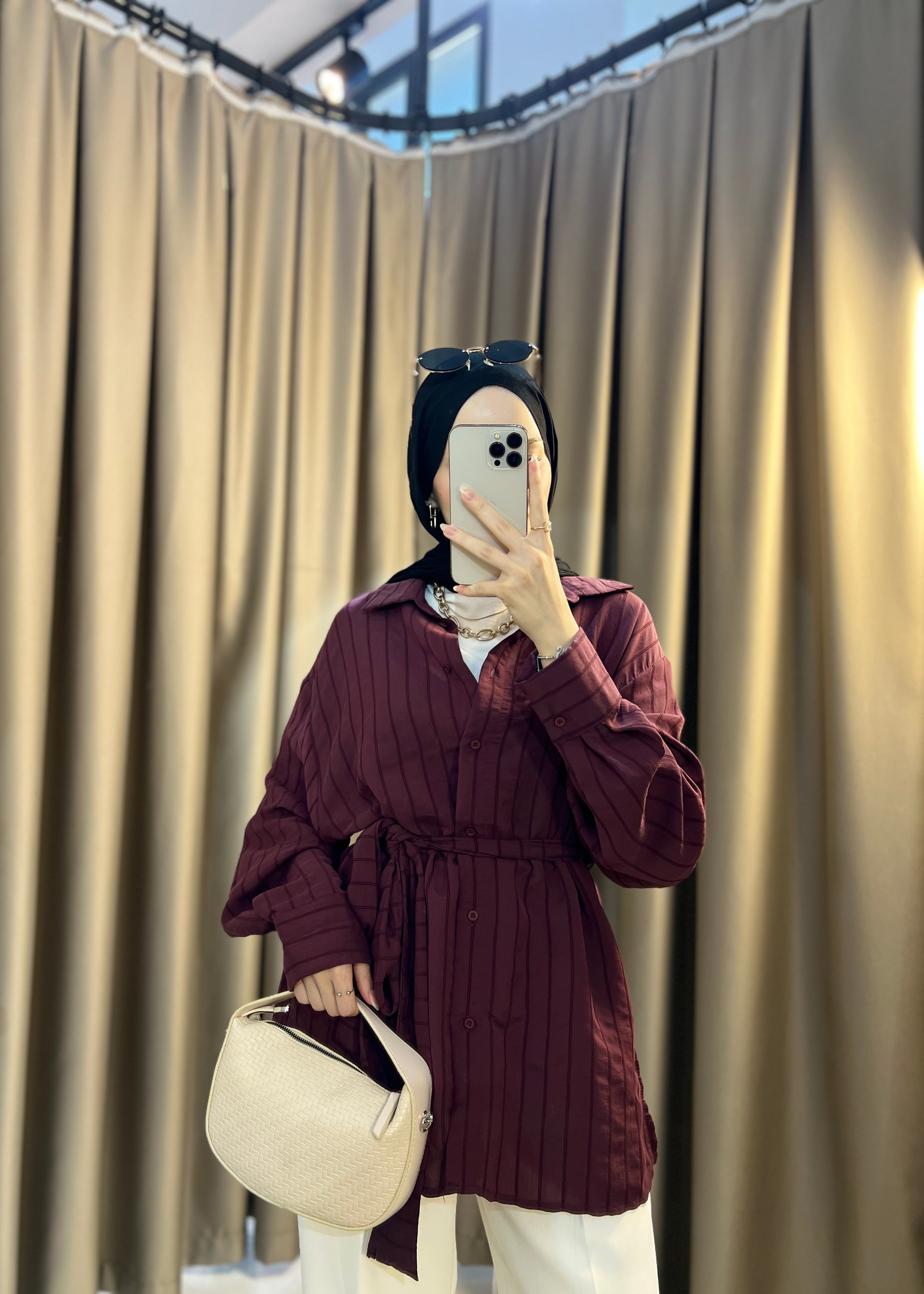 Echo Beli Kuşaklı Gömlek- Bordo
