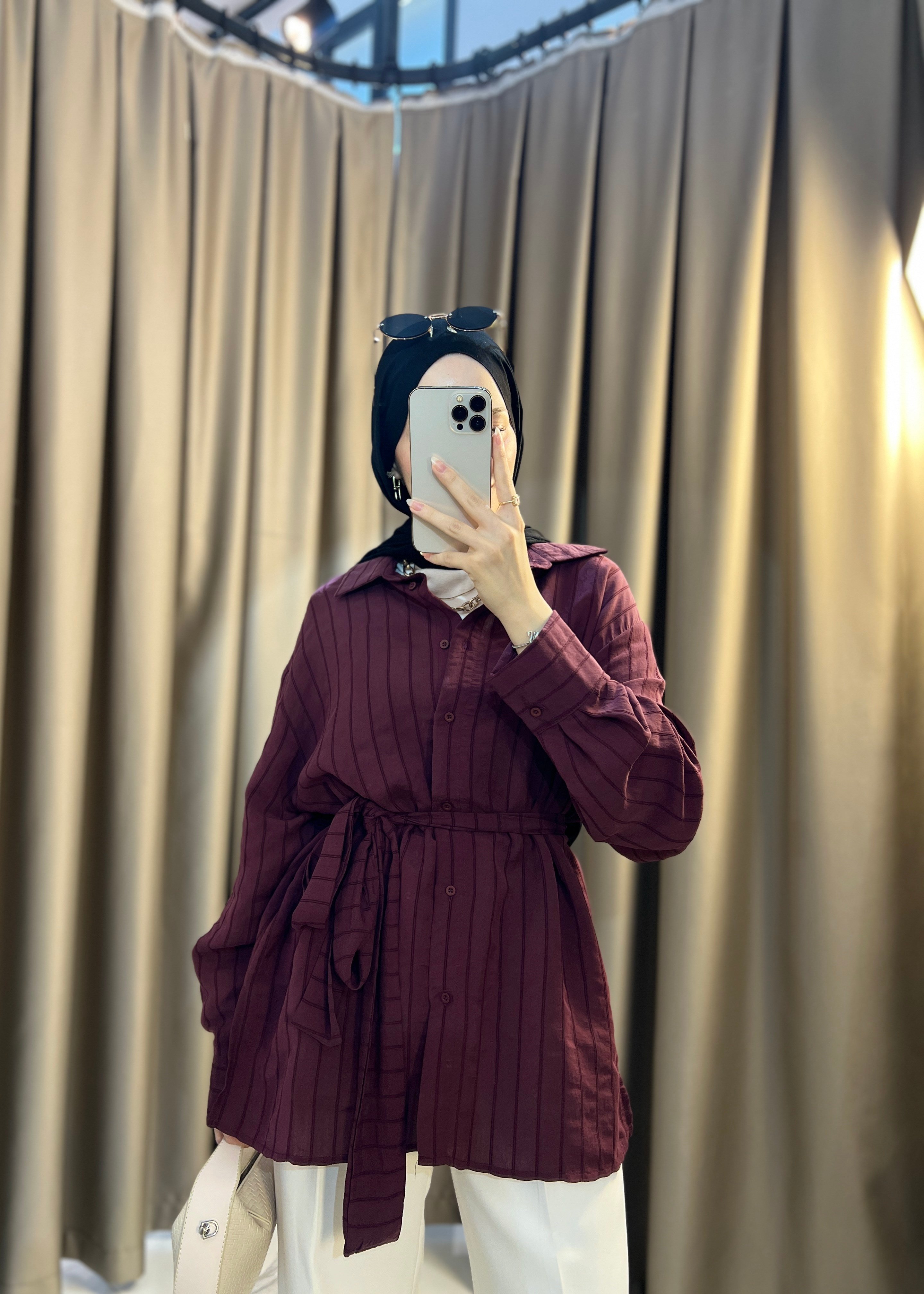 Echo Beli Kuşaklı Gömlek- Bordo