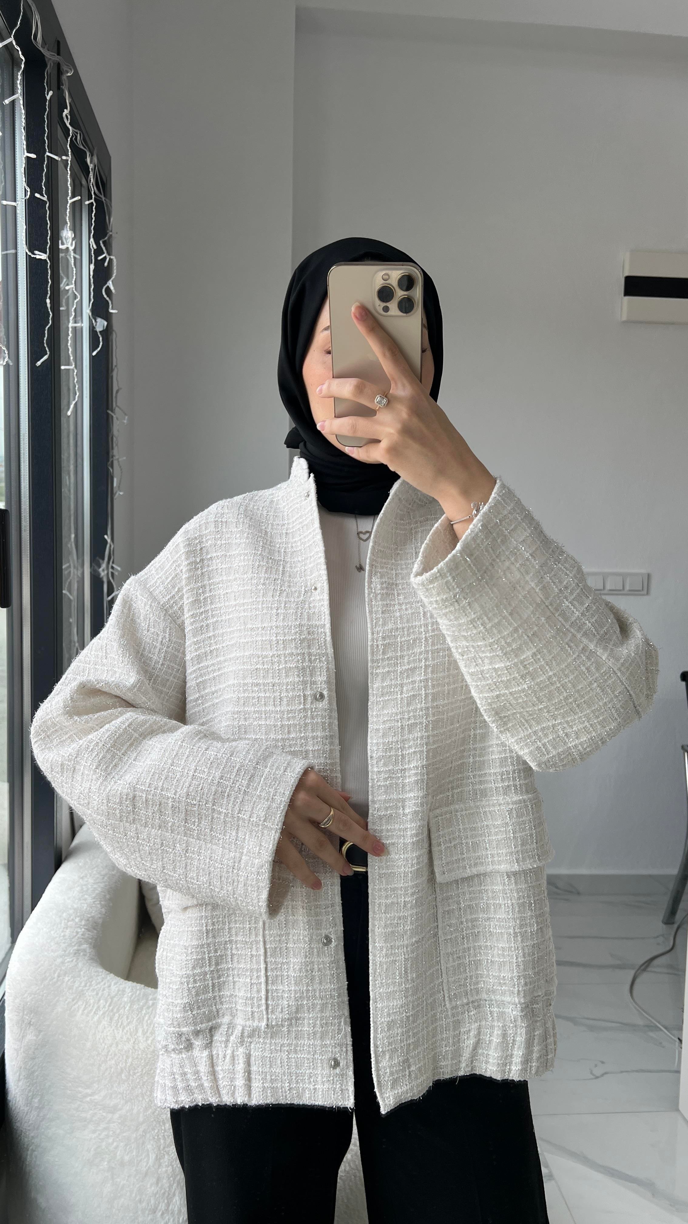 Ekru Simli Bomber Ceket