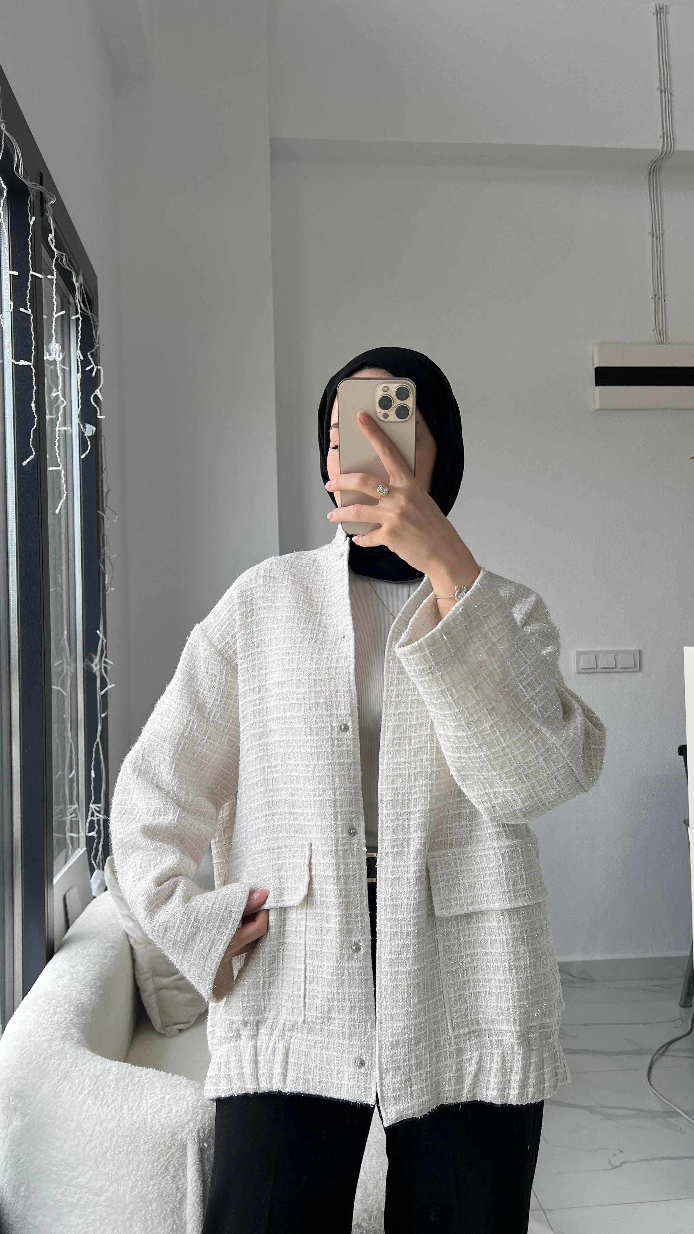 Ekru Simli Bomber Ceket
