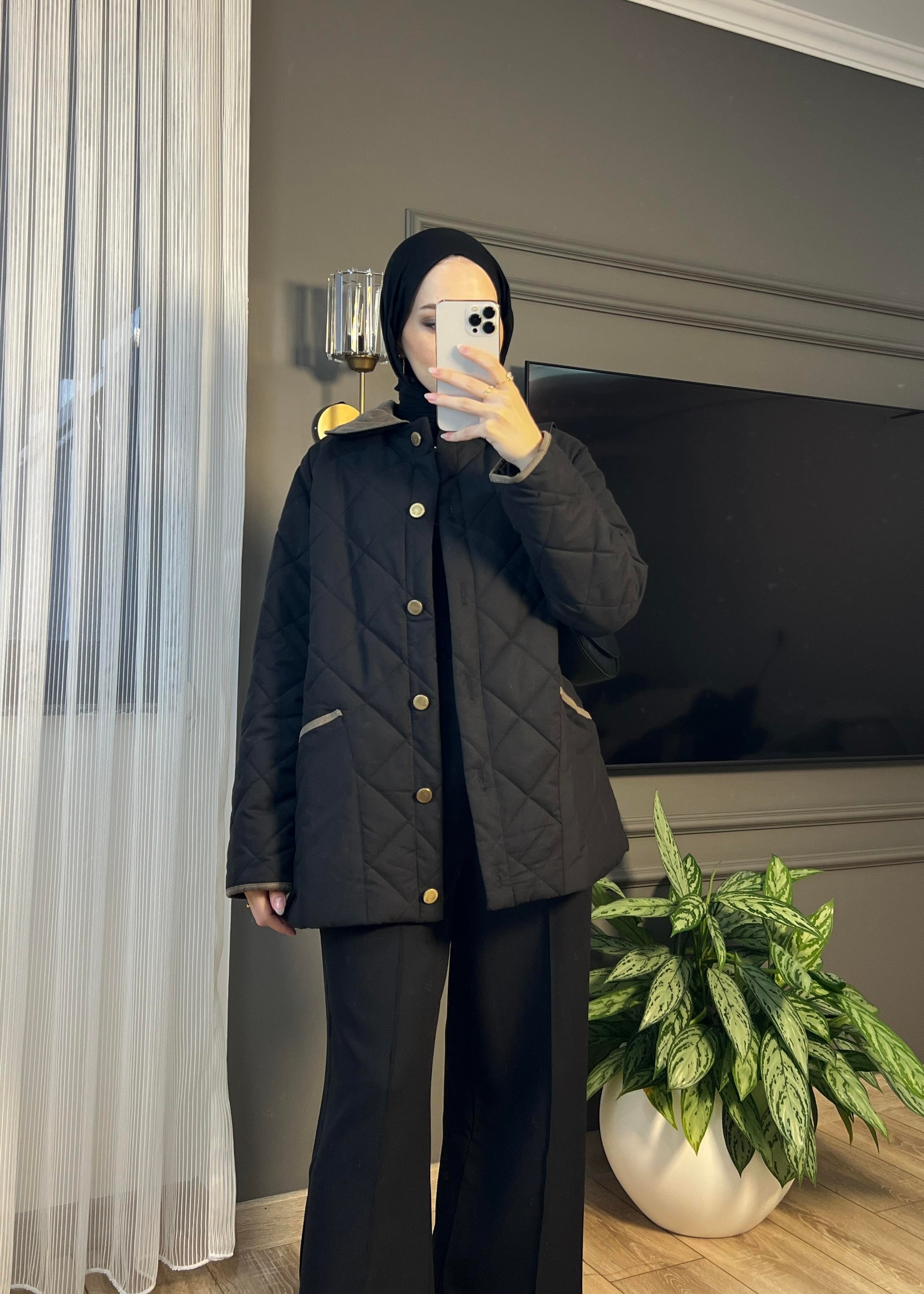 Kadife Yakalı Kapitone Ceket Mont- Siyah