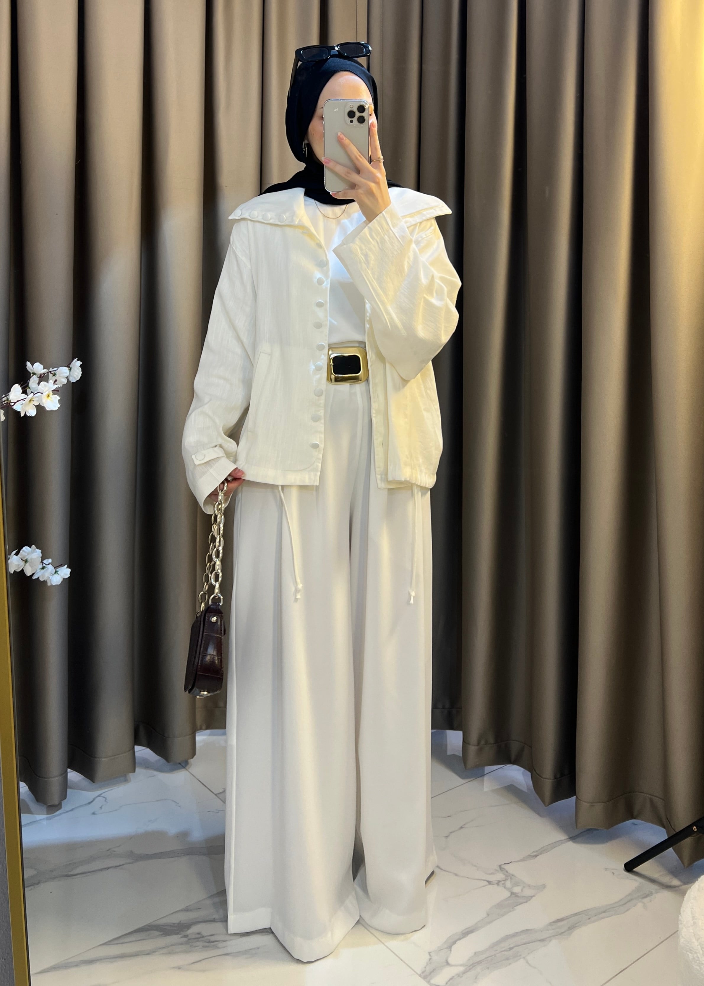 Kemerli Bol Pantolon- Beyaz