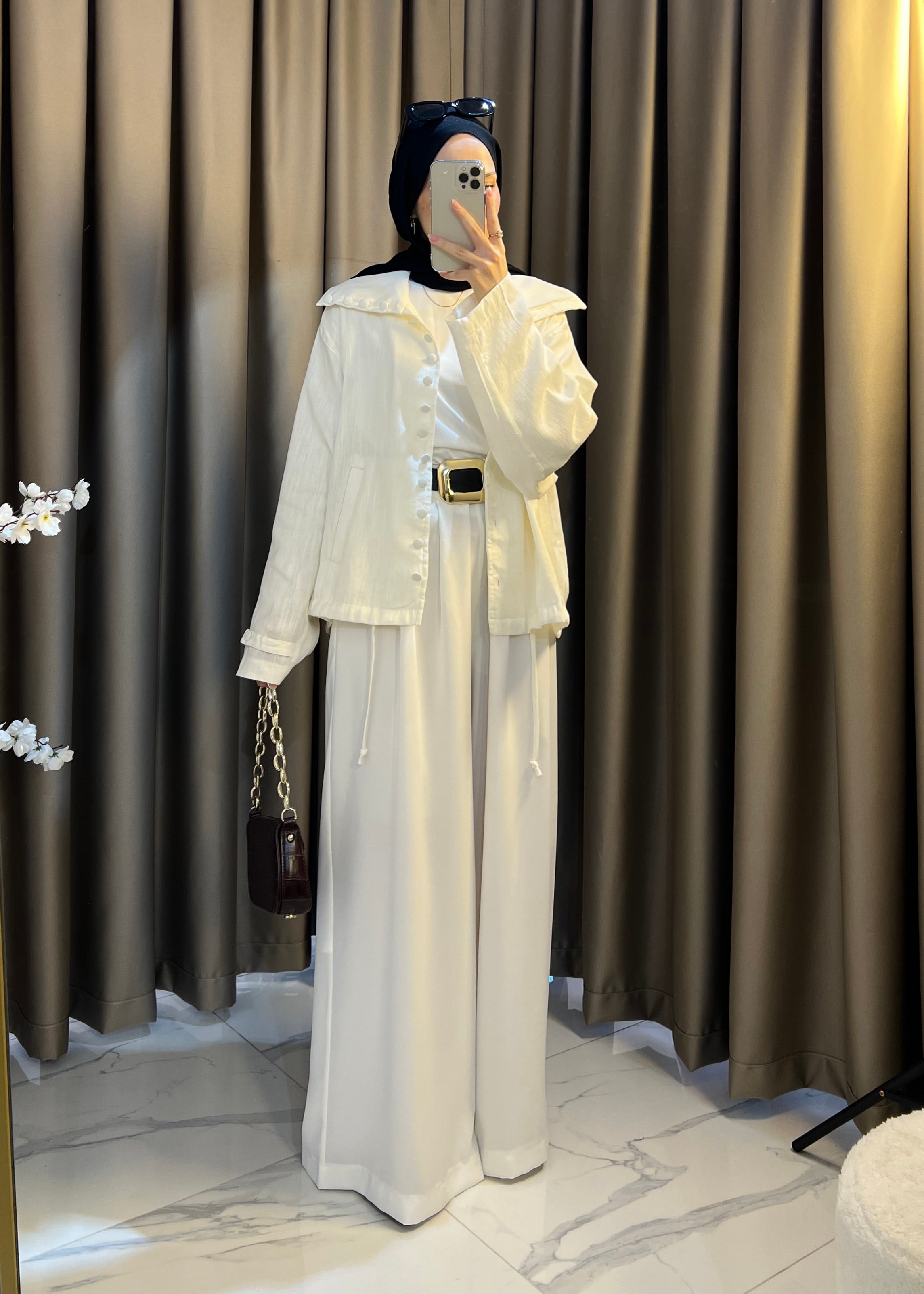 Kemerli Bol Pantolon- Beyaz