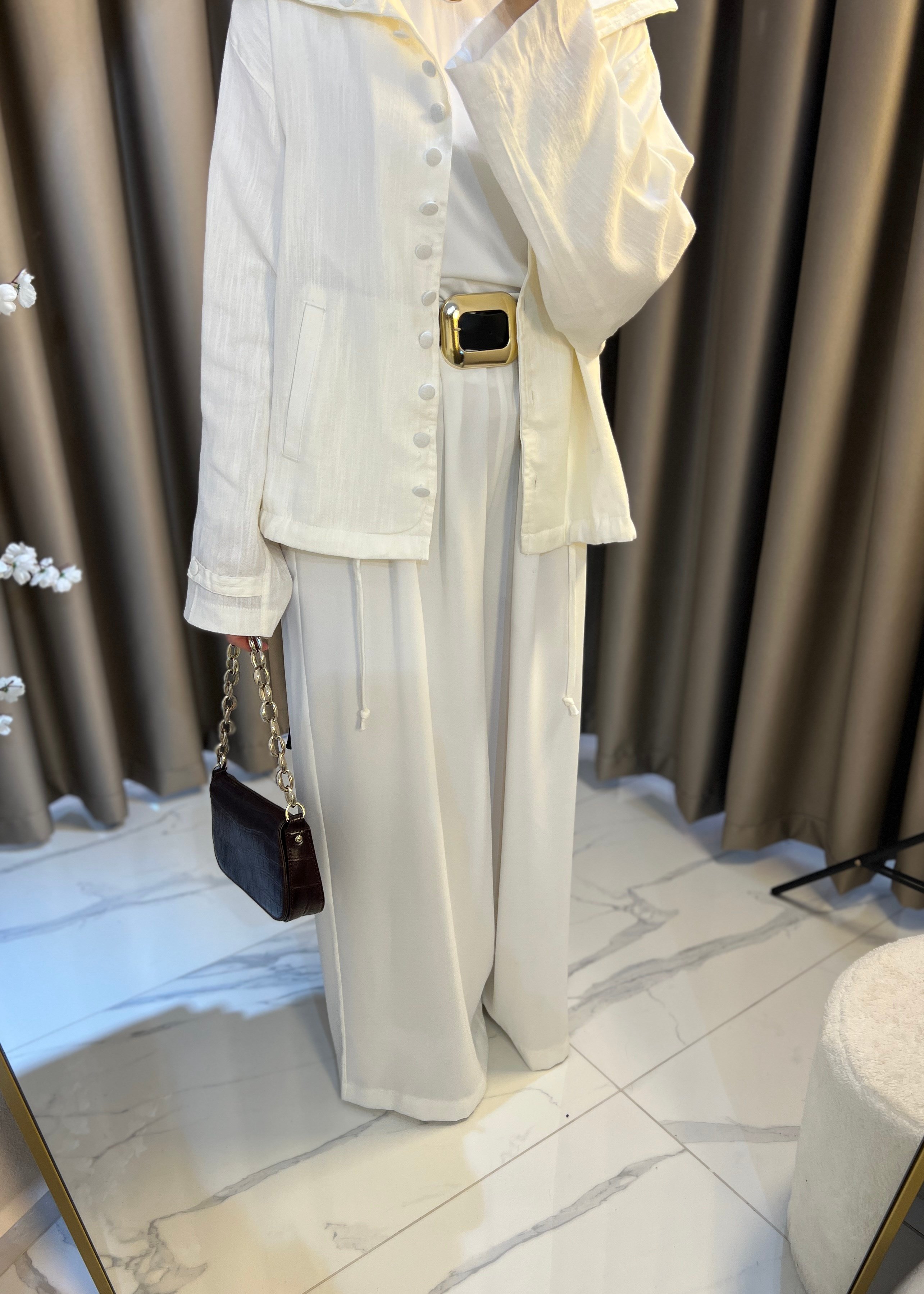 Kemerli Bol Pantolon- Beyaz