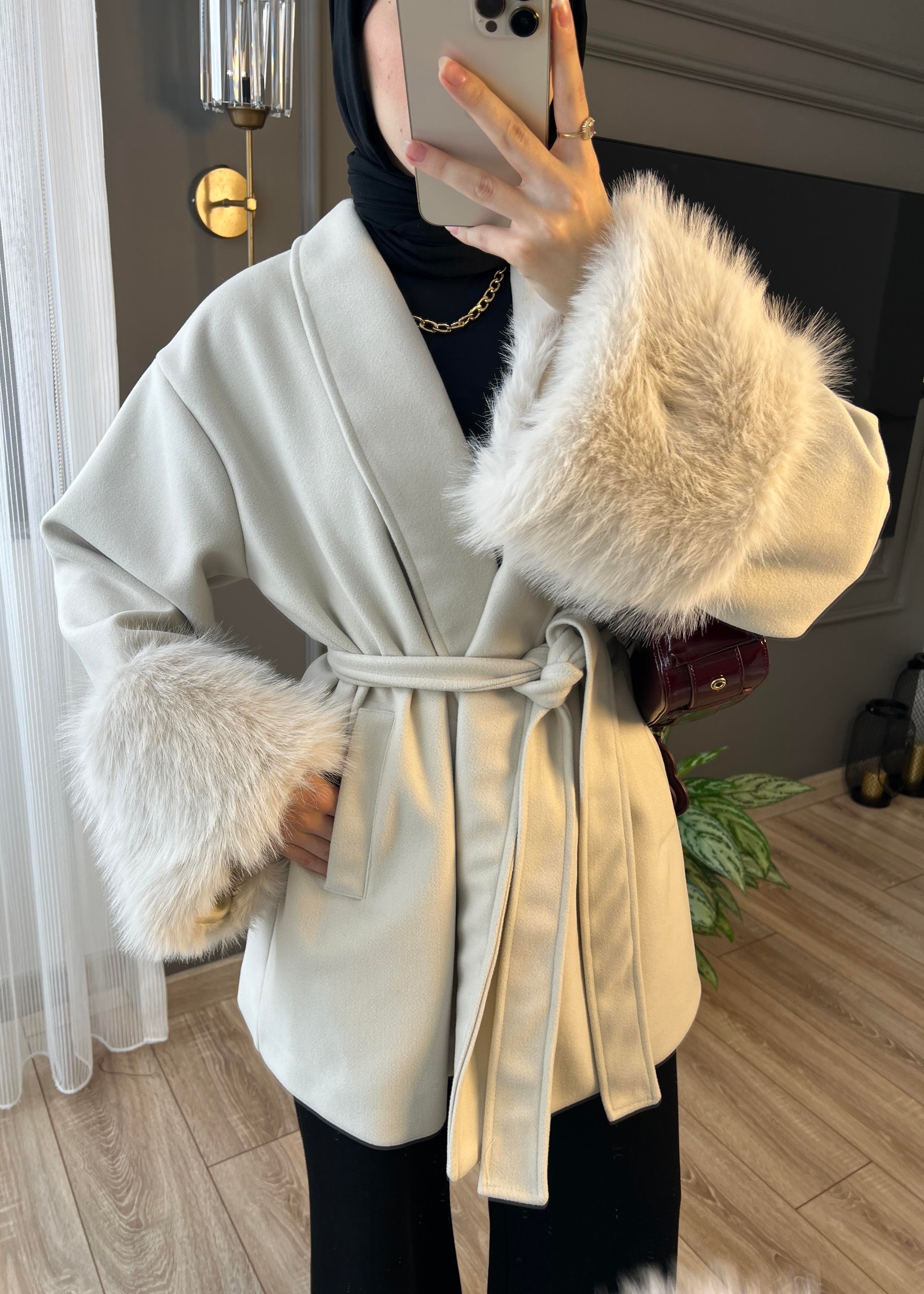 Kürklü Kaşe Ceket- Ekru