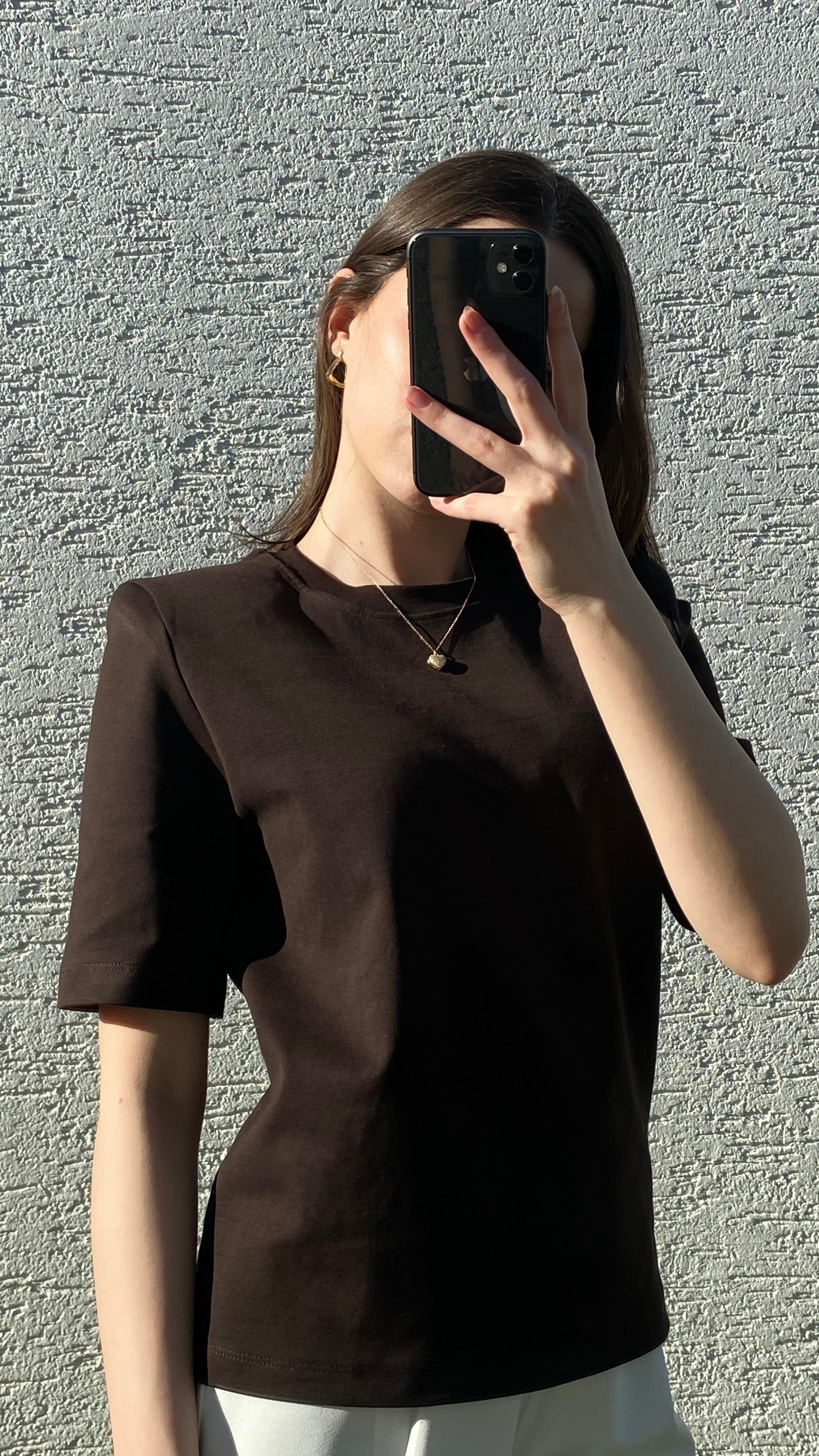 Oversize Vatkalı Basic T-shirt Acı Kahve