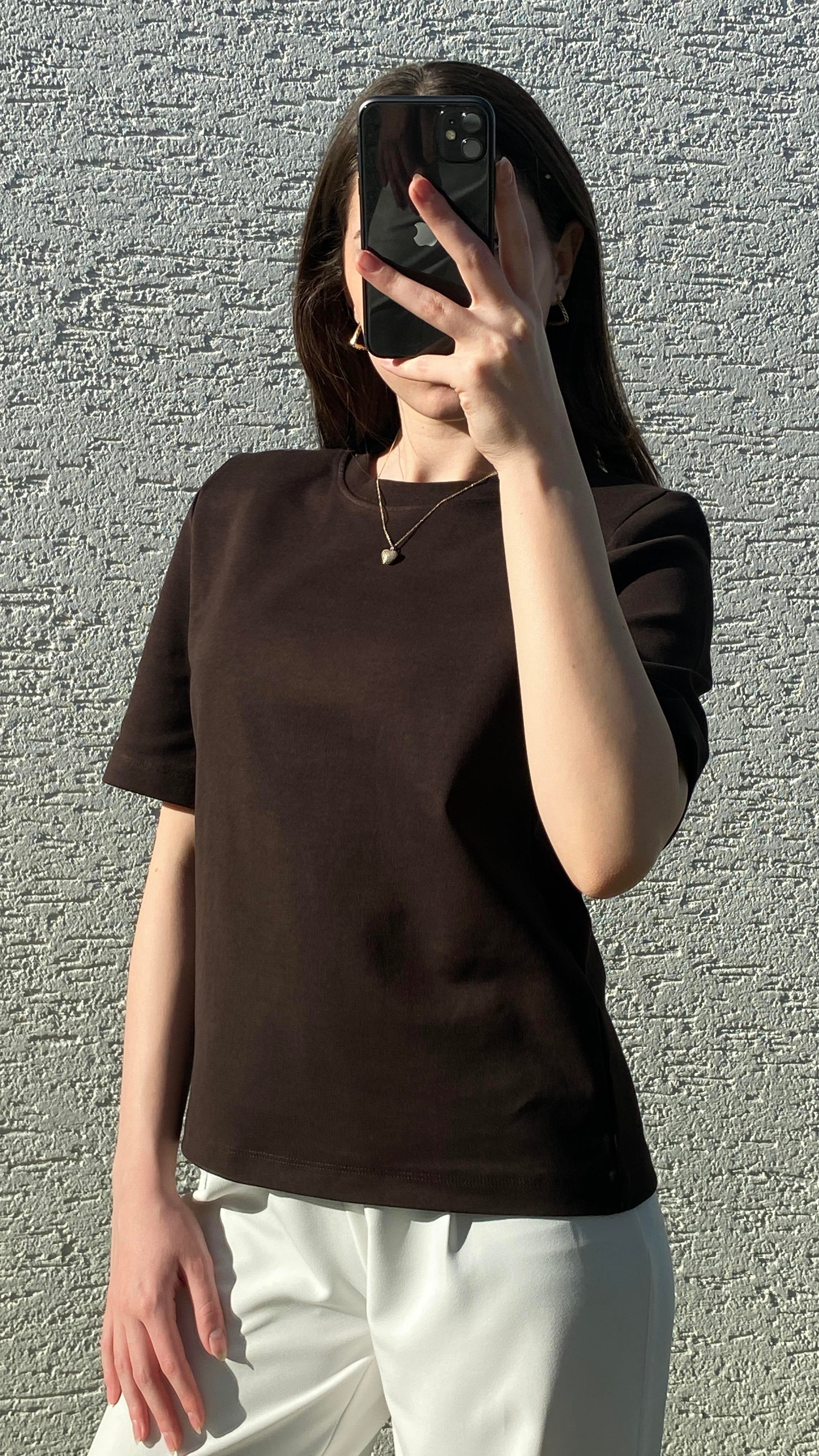 Oversize Vatkalı Basic T-shirt Acı Kahve