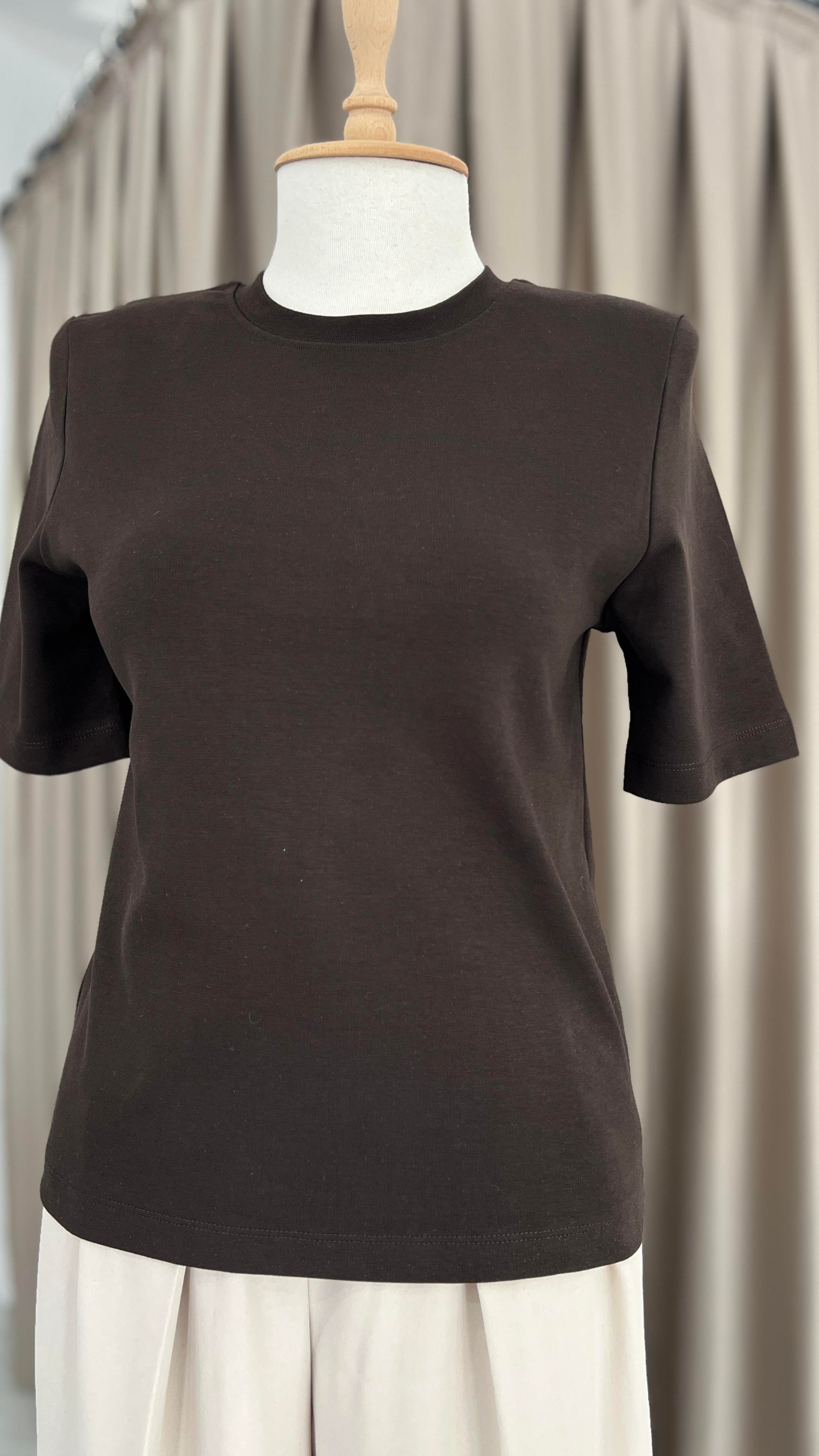Oversize Vatkalı Basic T-shirt Acı Kahve