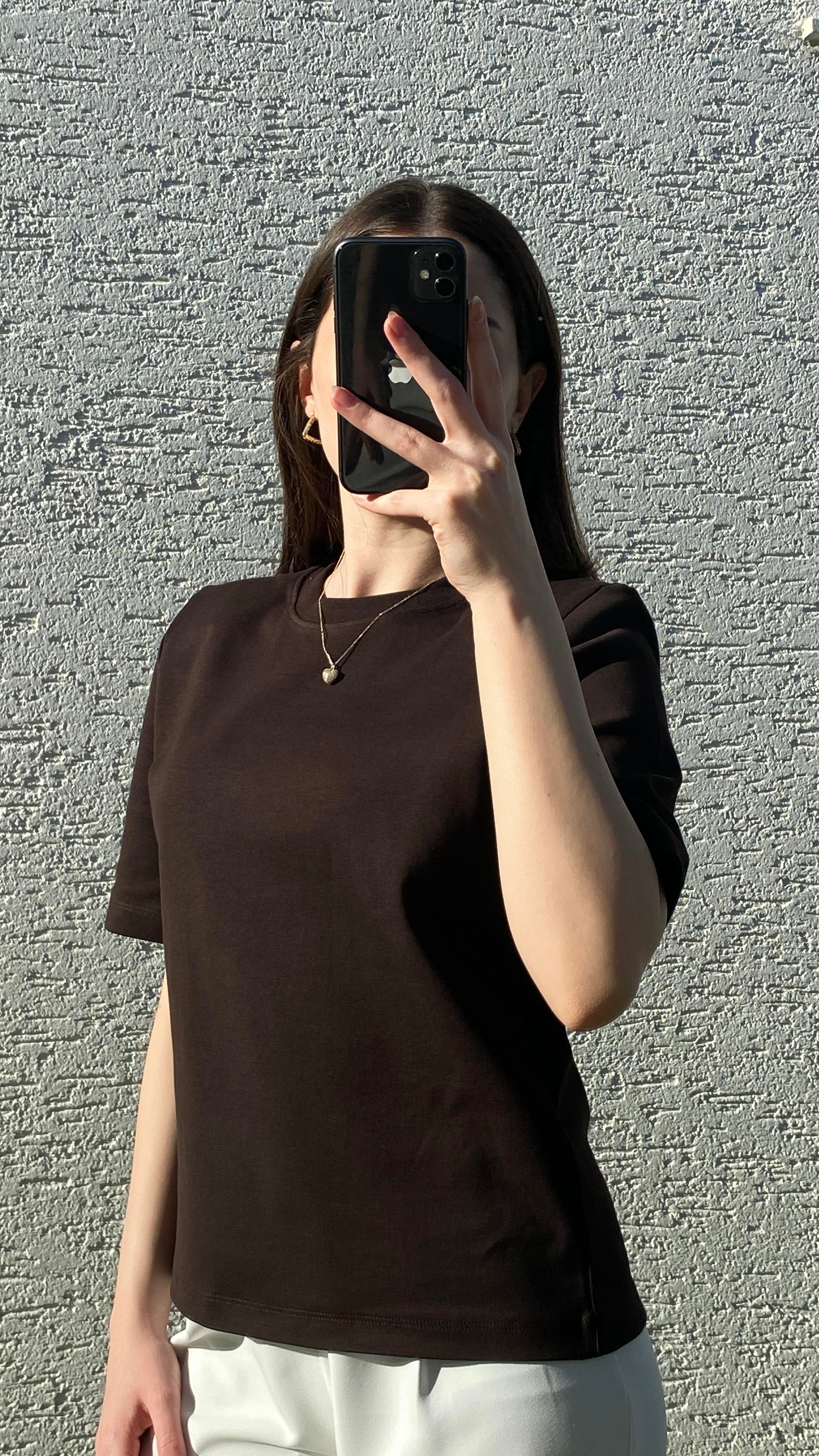 Oversize Vatkalı Basic T-shirt Acı Kahve