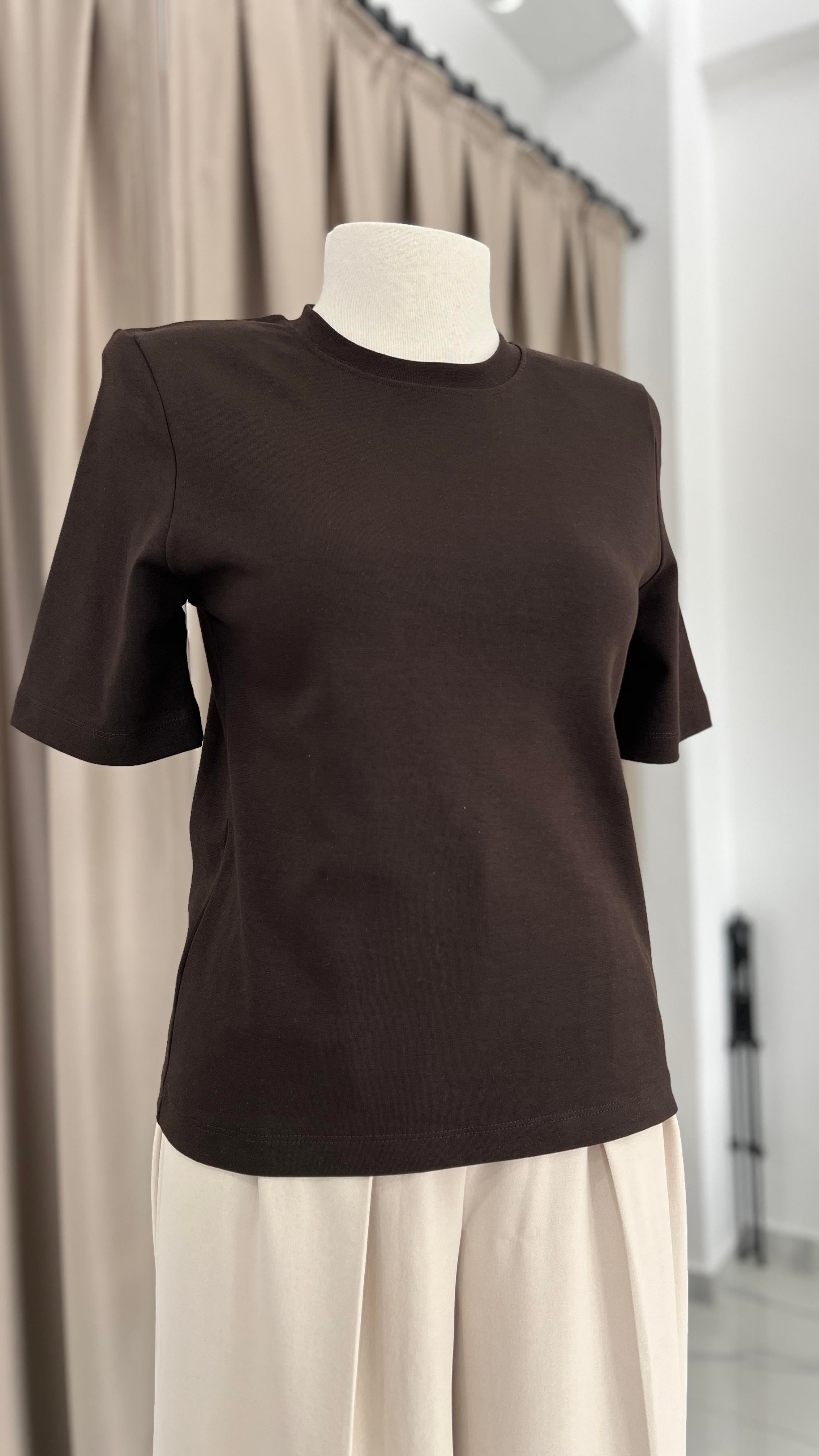 Oversize Vatkalı Basic T-shirt Acı Kahve