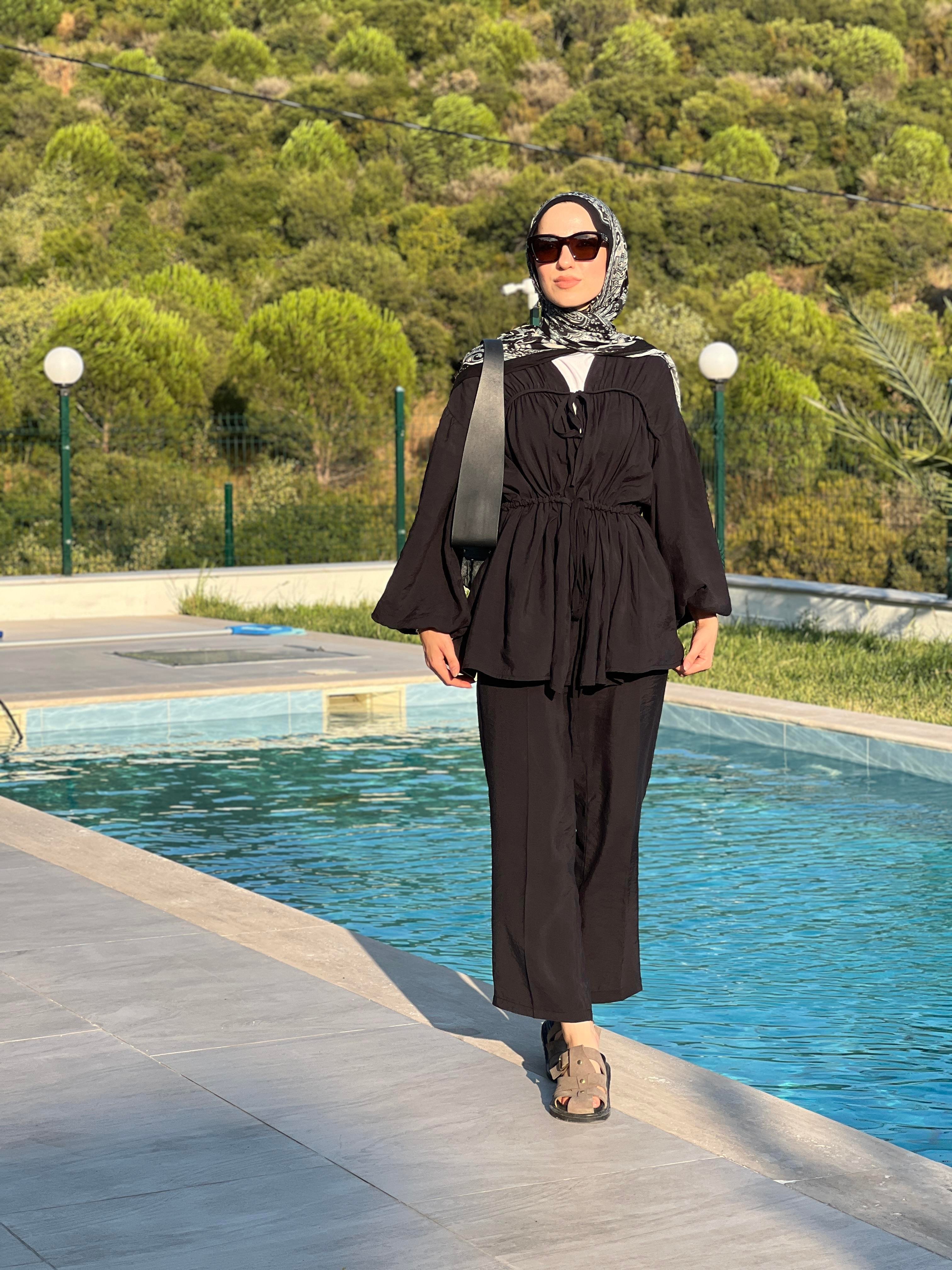 Siyah Büzgülü Tencel Takım