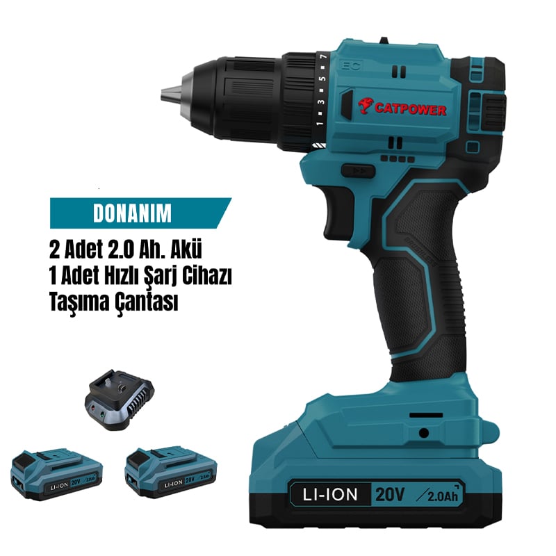 Catpower 4213  Akülü Vidalama Li-ion 45NM (Makina) Kömürsüz 10 mm +(2.0 Ah Akü 2 Adet)+(Hızlı Şarj Aleti)