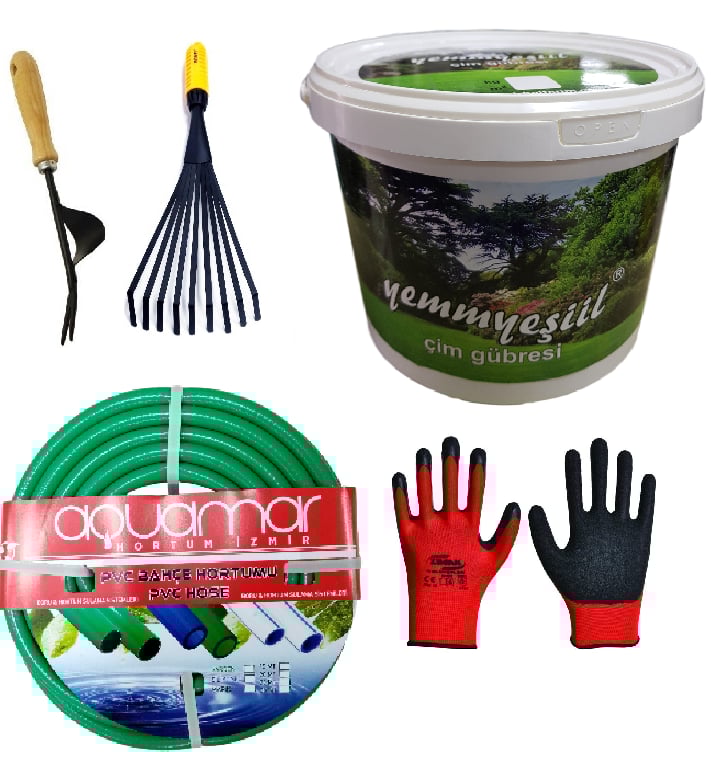Çim Bakım Seti- 4 Kg Gübre-Hortum-Eldiven-Ot Sökücü-El Tırmığı