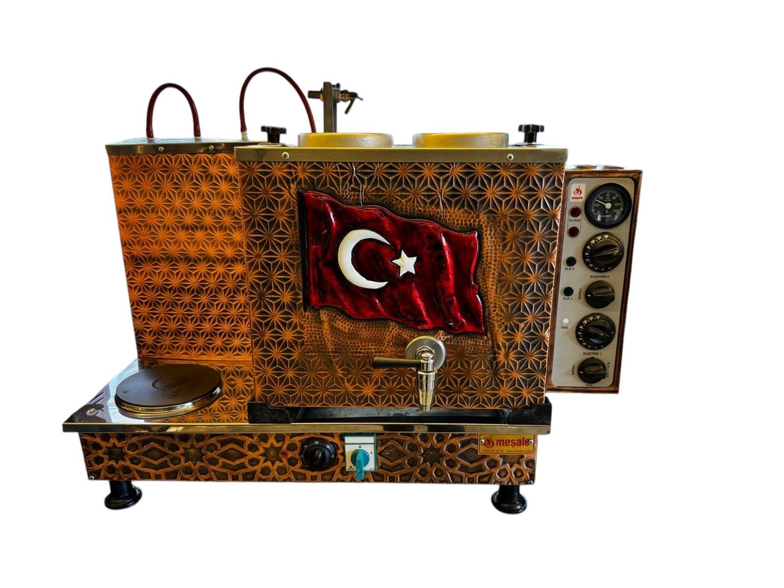 Meşale 2 Demlikli Antik Bakır Türk Bayraklı Full Elektrikli Çay Kazanı