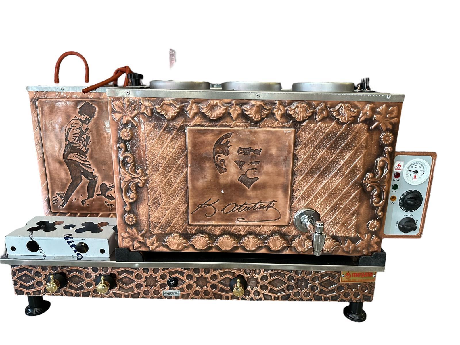 Meşale 3 Demlikli Antik Bakır Atatürk Desen Elektrik + Gazlı Full Otomatik Çay Kazanı