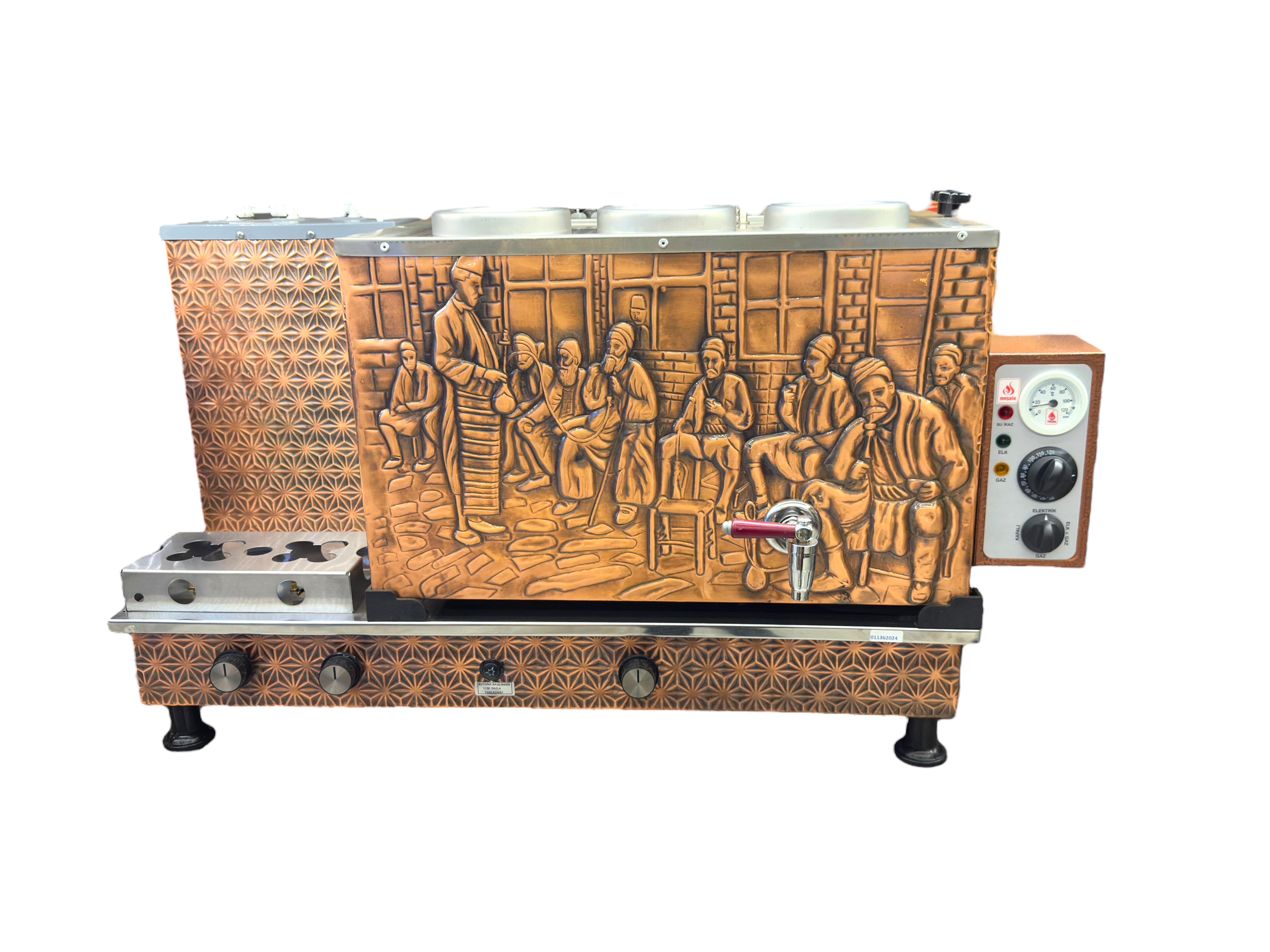 Meşale 3 Demlikli Antik Bakır Kahvehane Desen Elektrik + Gazlı Full Otomatik Çay Kazanı