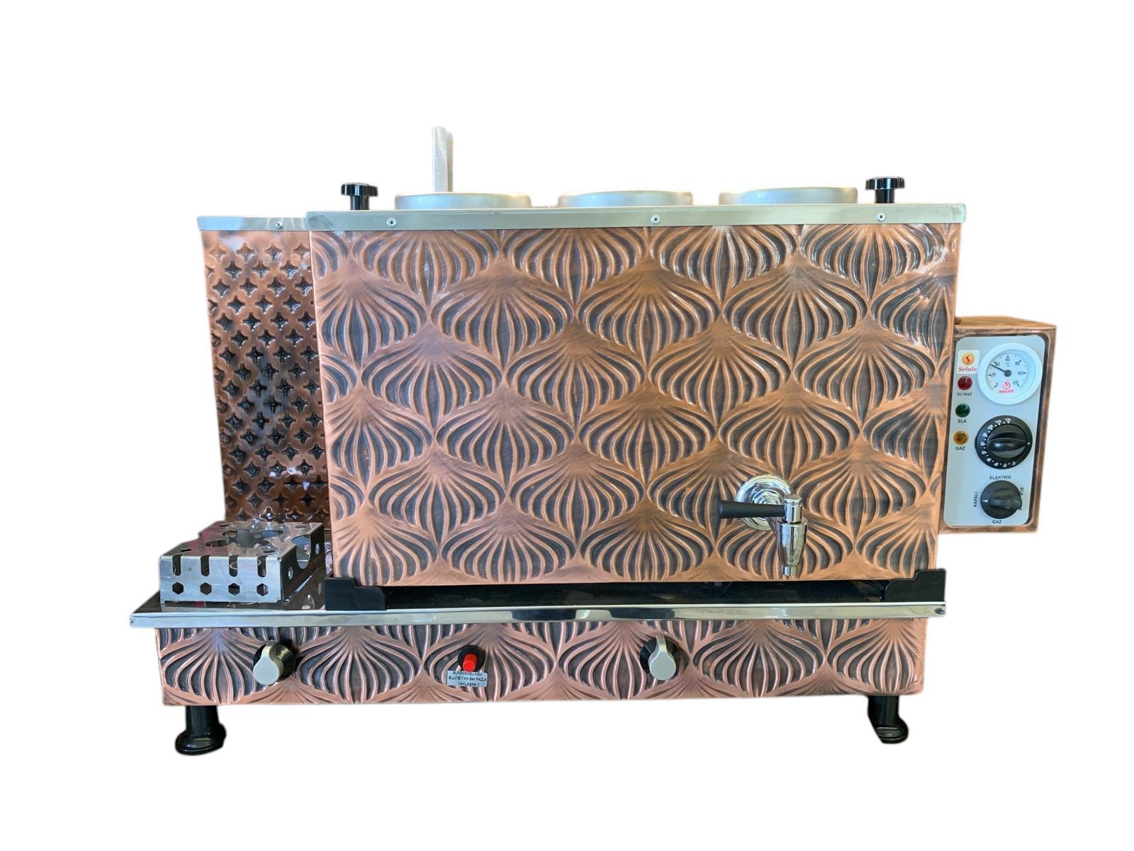 Meşale 3 Demlikli Antik Bakır Midye Desen Elektrik + Gazlı Full Otomatik Çay Kazanı