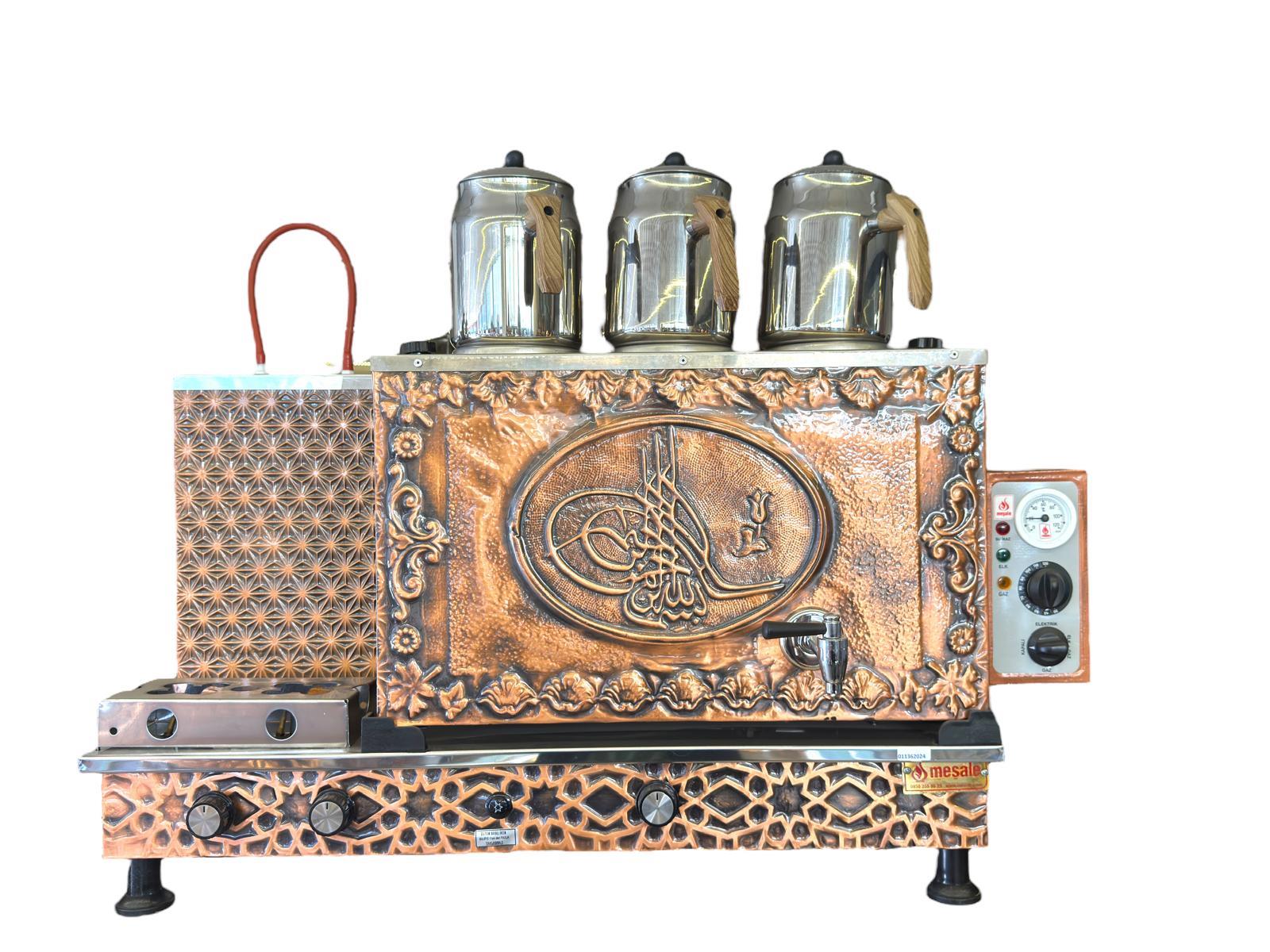 Meşale 3 Demlikli Antik Bakır Osmanlı Tuğrası Elektrik + Gazlı Full Otomatik Çay Kazanı