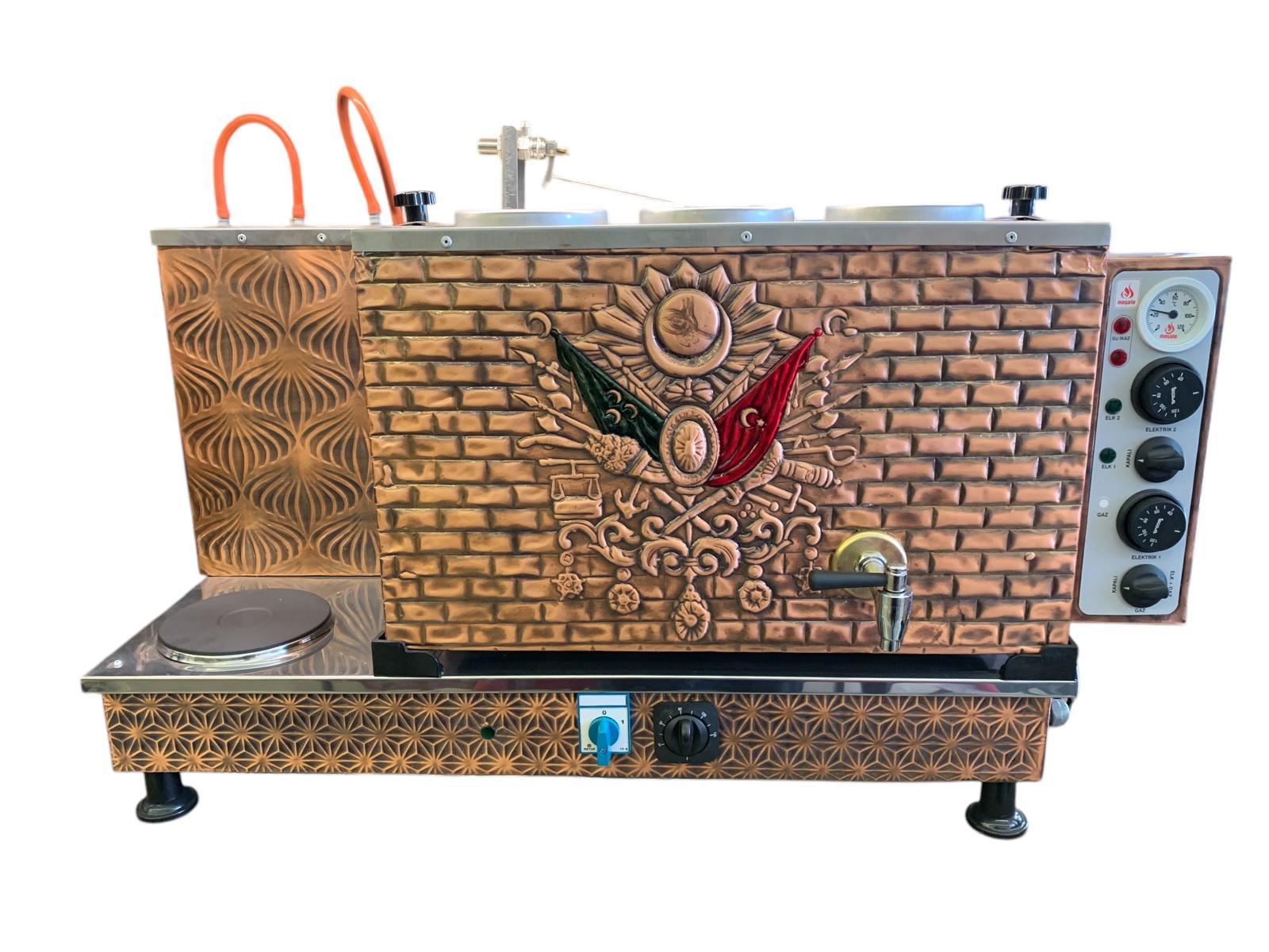 Meşale 3 Demlikli Antik Bakır Osmanlı Arması Elektriikli Çay Kazanı