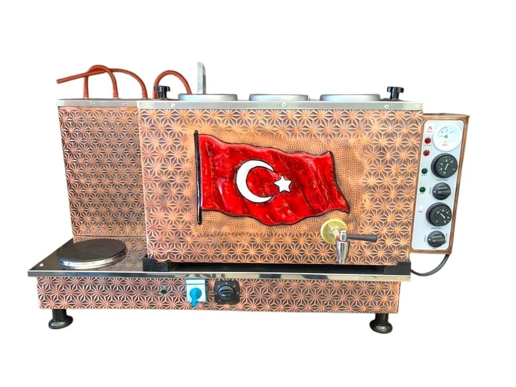 Meşale 3 Demlikli Antik Bakır Türk Bayraklı Elektrikli Full Otomatik Çay Kazanı