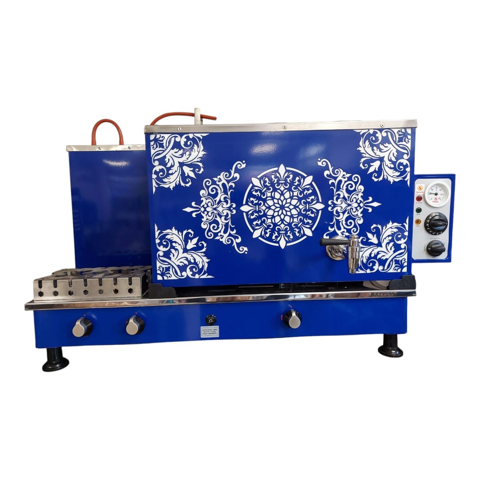 Meşale 3 Demlikli Mavi Özel İşlemeli Elektrik + Gazlı Full Otomatik Çay Kazanı