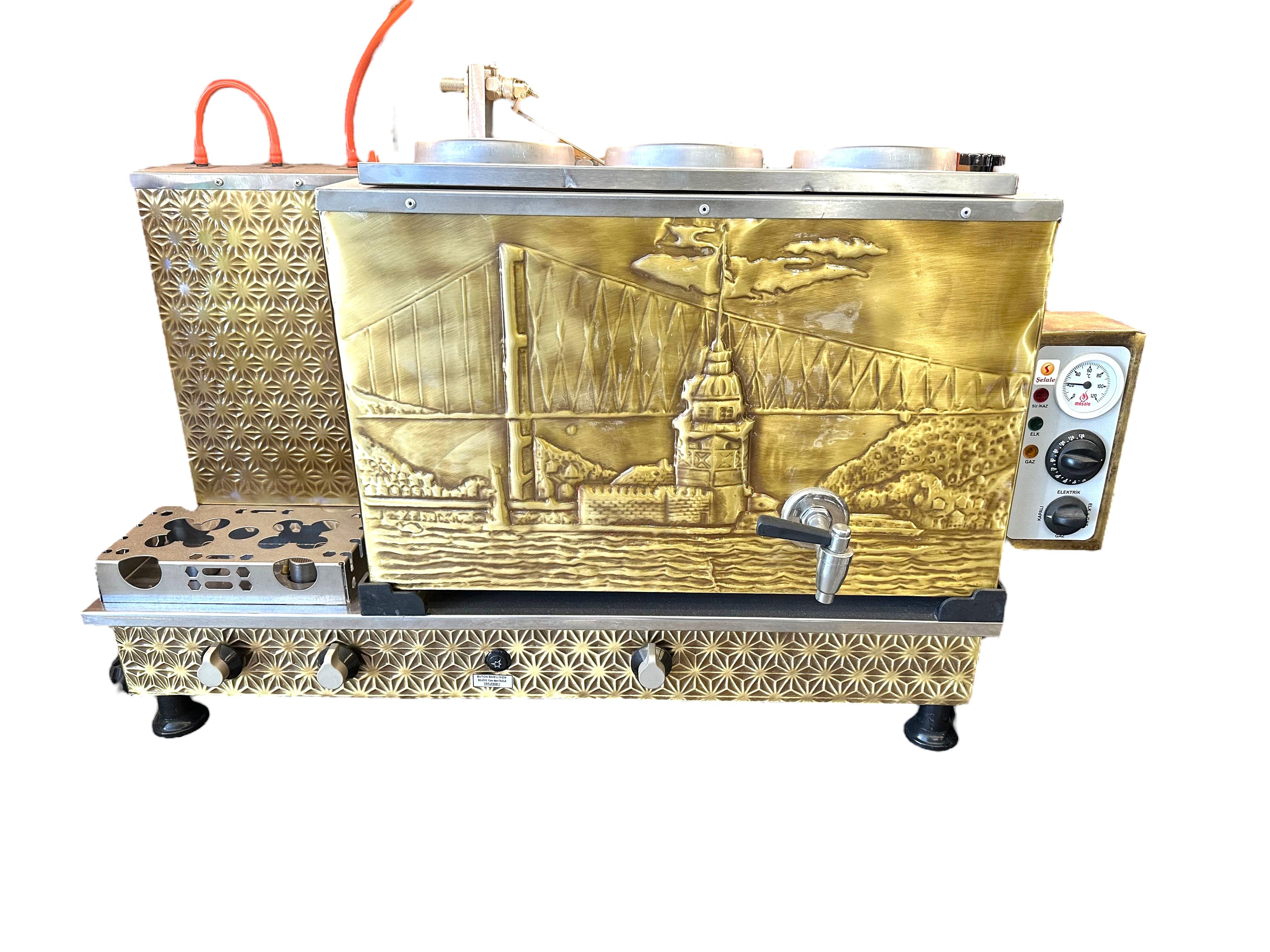 Meşale 3 Demlikli Pirinç Kız Kulesi Elektrik + Gazlı Full Otomatik Çay Kazanı