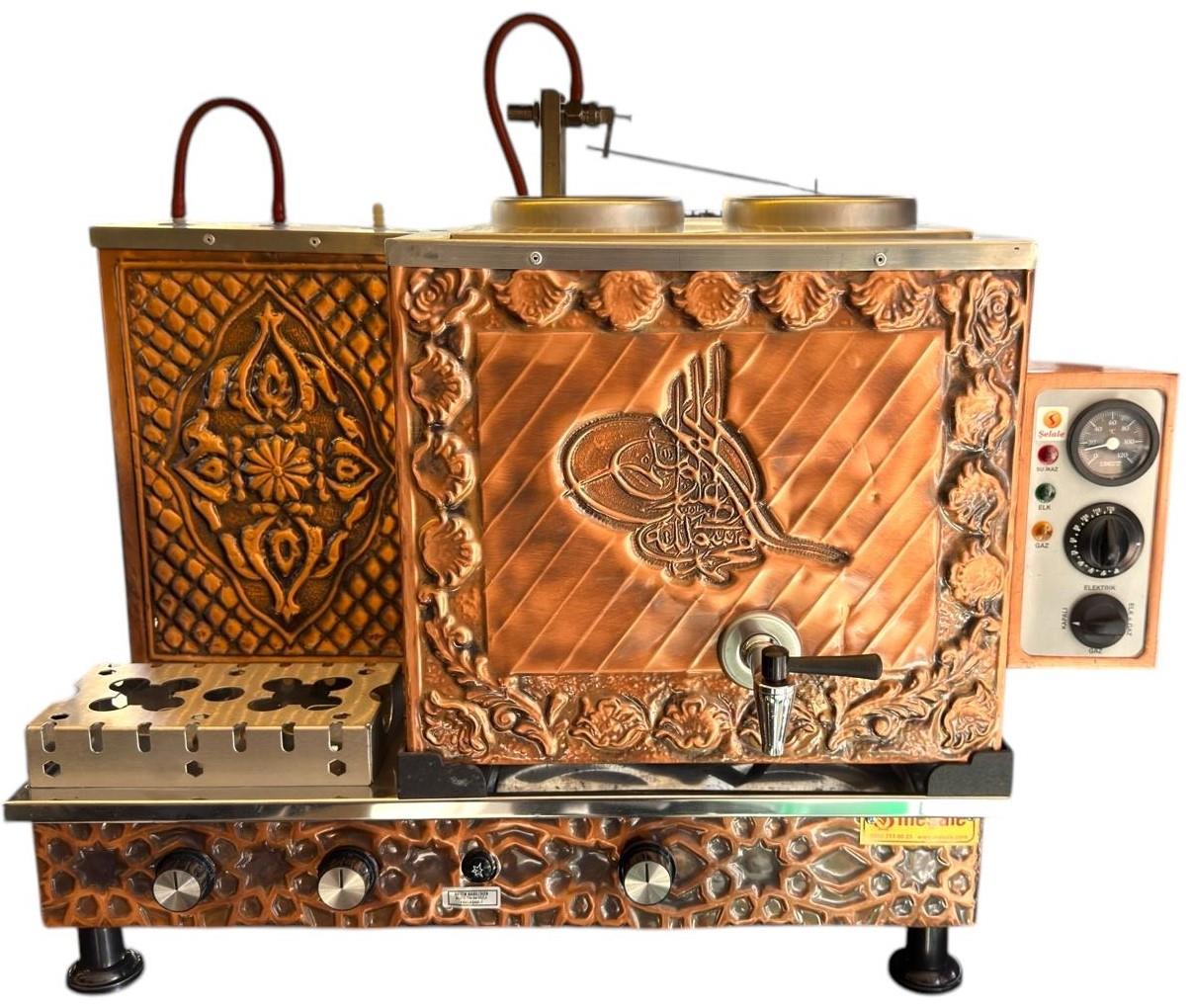 Şelale 2 Demlikli Antik Bakır Osmanlı Tuğrası Elektrik + Gazlı Full Otomatik Çay Kazanı