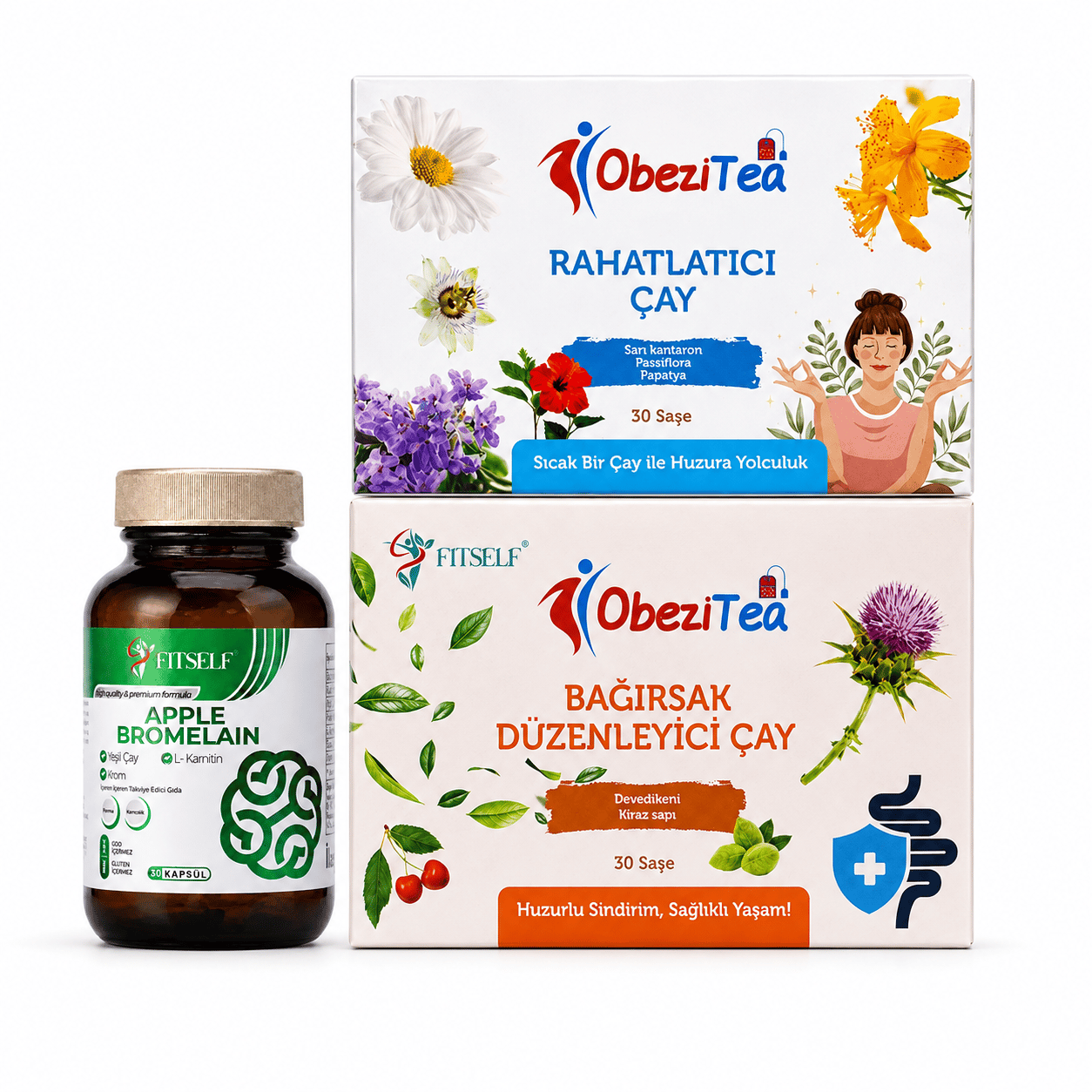 Fitself Form Bromelain + Bağırsak Çayı + Rahatlatıcı Çay Günlük Form Seti, 30 Kapsül + 60 Saşe