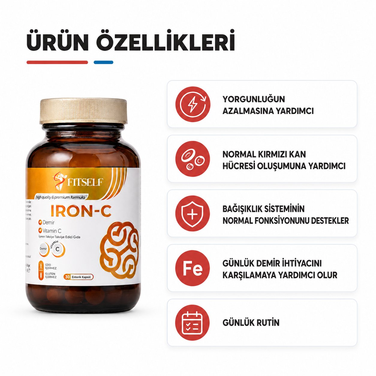 Fitself – Iron-C (Demir & Vitamin C İçeren Takviye Edici Gıda) – 30 Tablet