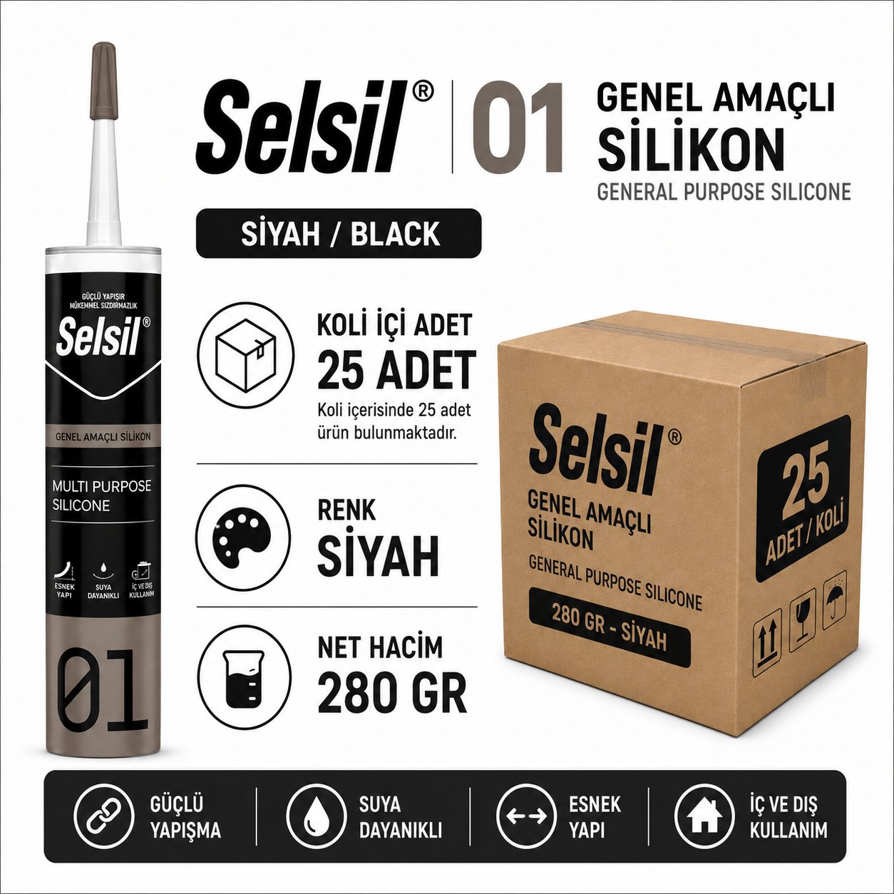 Selsil Genel Amaçlı Silikon Siyah 280 Gr | Cam ve Doğrama SilikonuSelsilSelsil Genel Amaçlı Silikon-280 GR-SiyahSEL-GNl-SYH
