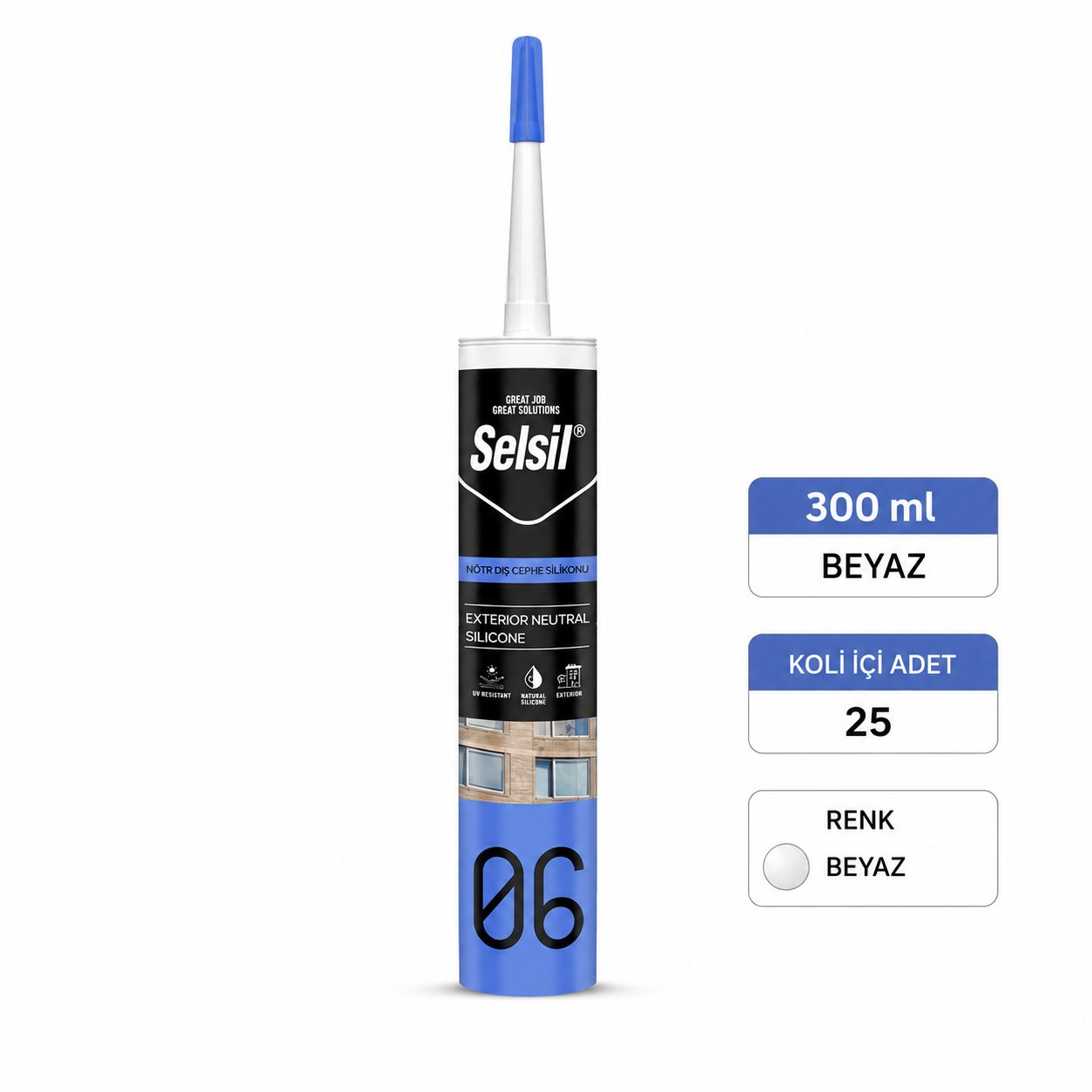 Nötr Dış Cephe Silikonu | UV Dayanımlı Cephe SilikonuSelsilSelsil Nötr Dış Cephe Silikonu Beyaz 300ml-25'li KoliNo-DC-Byz