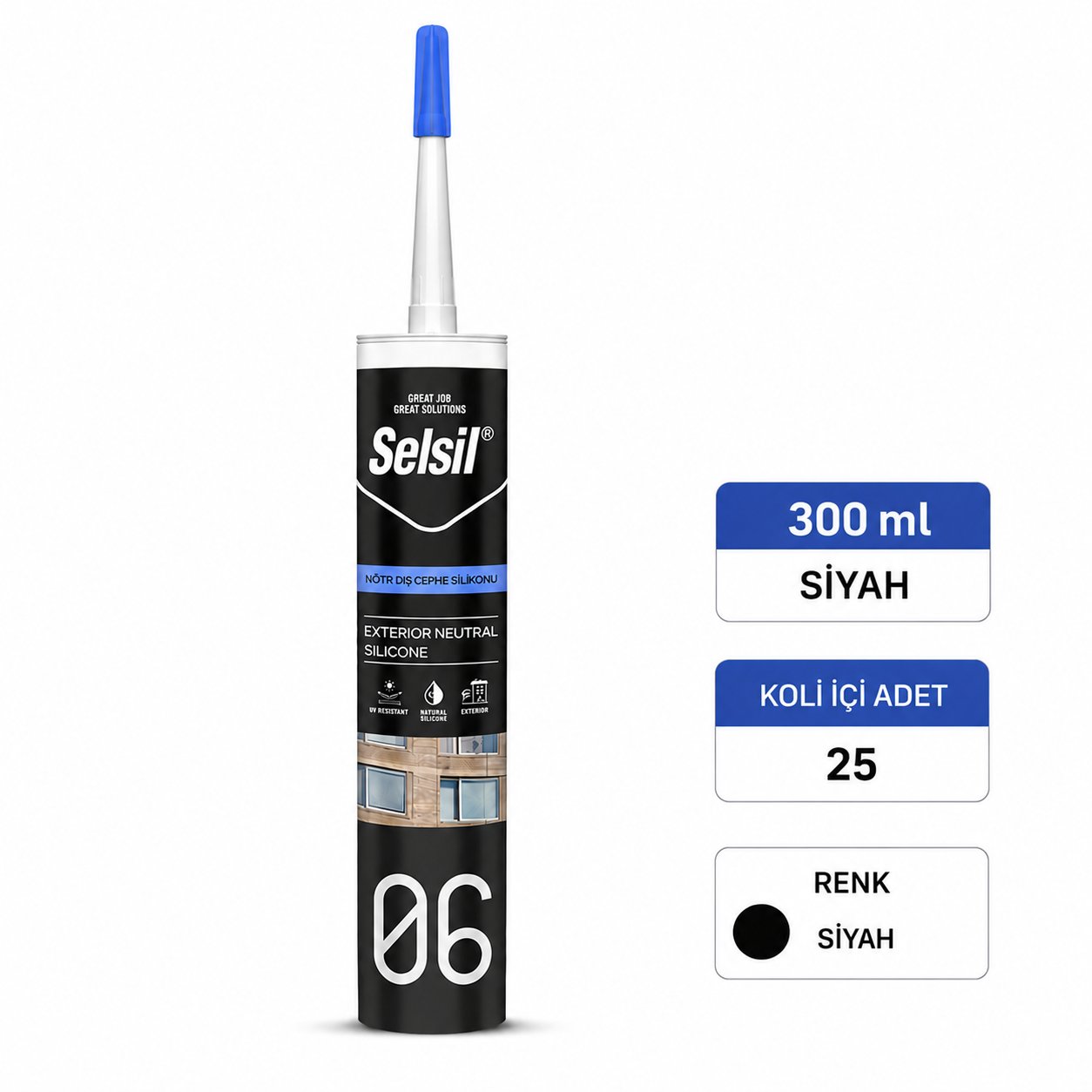 Nötr Dış Cephe Silikonu | UV Dayanımlı Cephe SilikonuSelsilSelsil Nötr Dış Cephe Silikonu Siyah 300ml-25'li KoliNo-DC-Syh