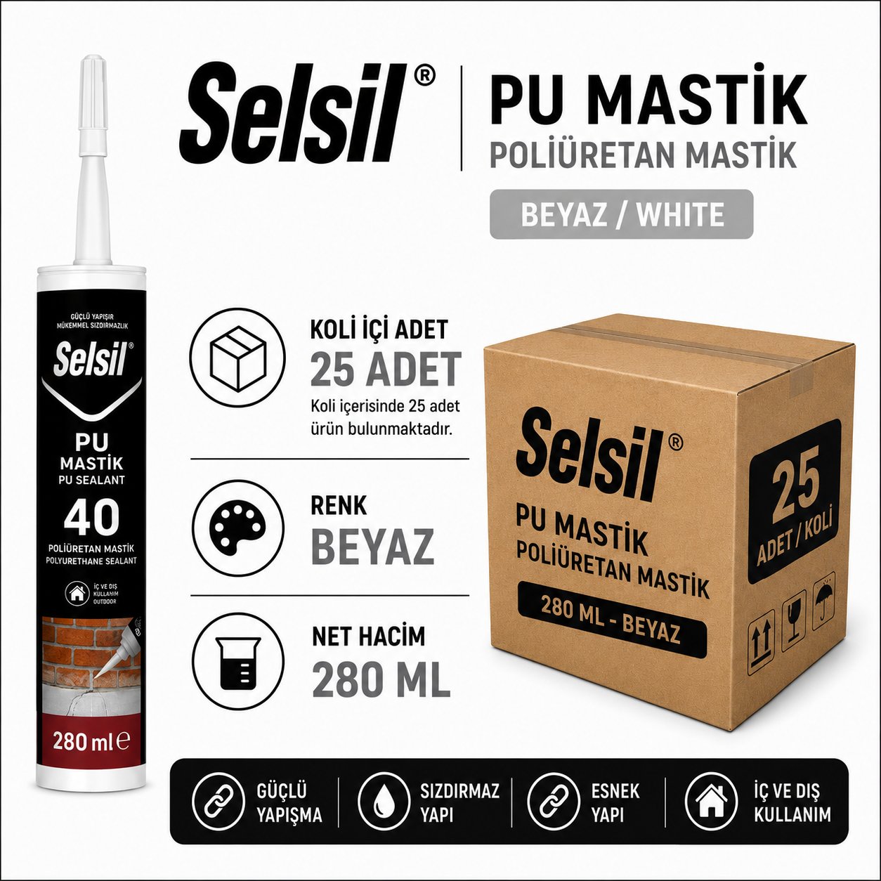 Selsil PU Mastik 40 Beyaz 280 ML | Poliüretan Sızdırmazlık MastiğiSelsilSelsil PU Mastik 280ML Beyaz-25'li KoliPu-Mas-BYZ