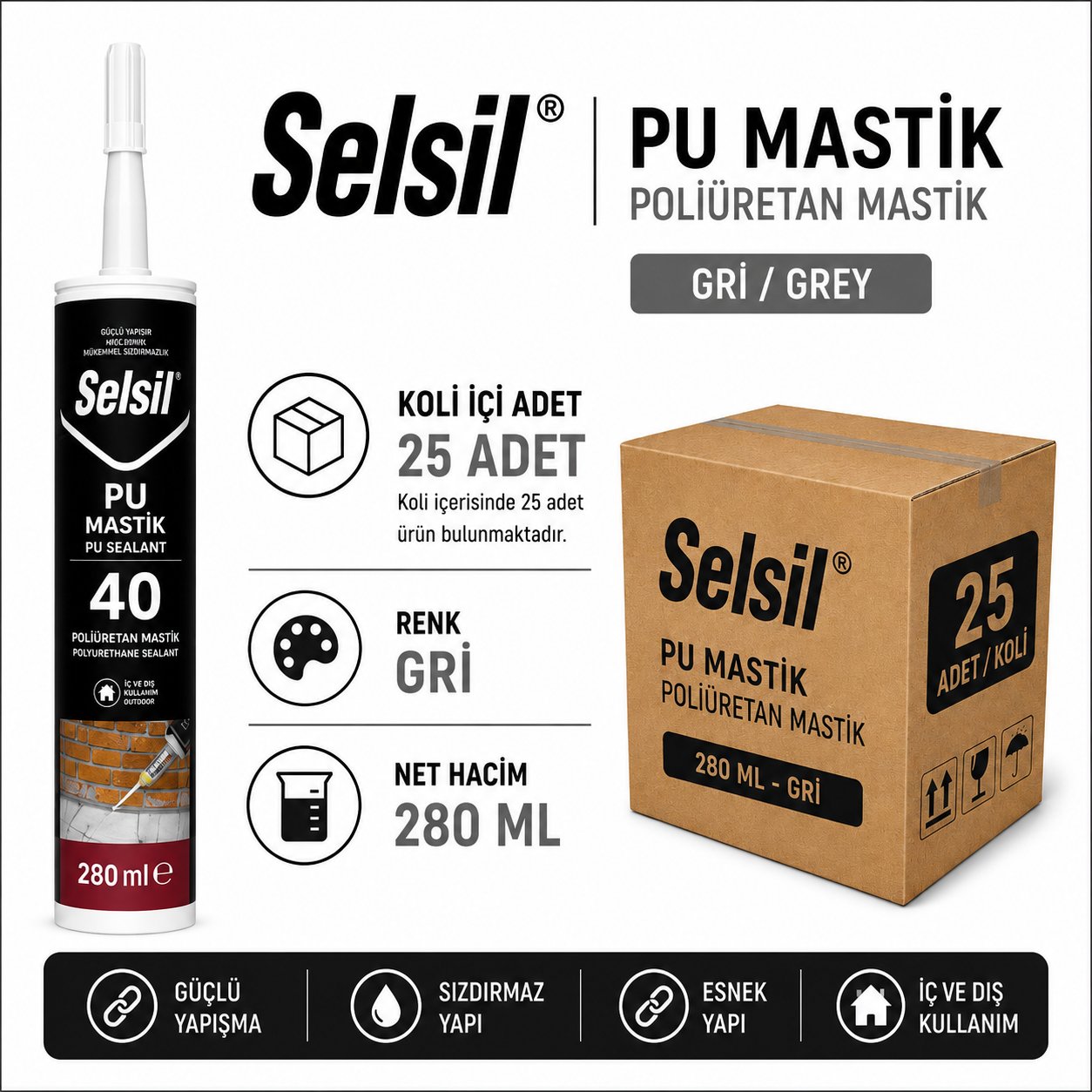 Selsil PU Mastik 40 Gri 280 ML | Poliüretan Sızdırmazlık MastiğiSelsilSelsil PU Mastik 280ML Gri-25'li KoliPu-Mas-GRİ