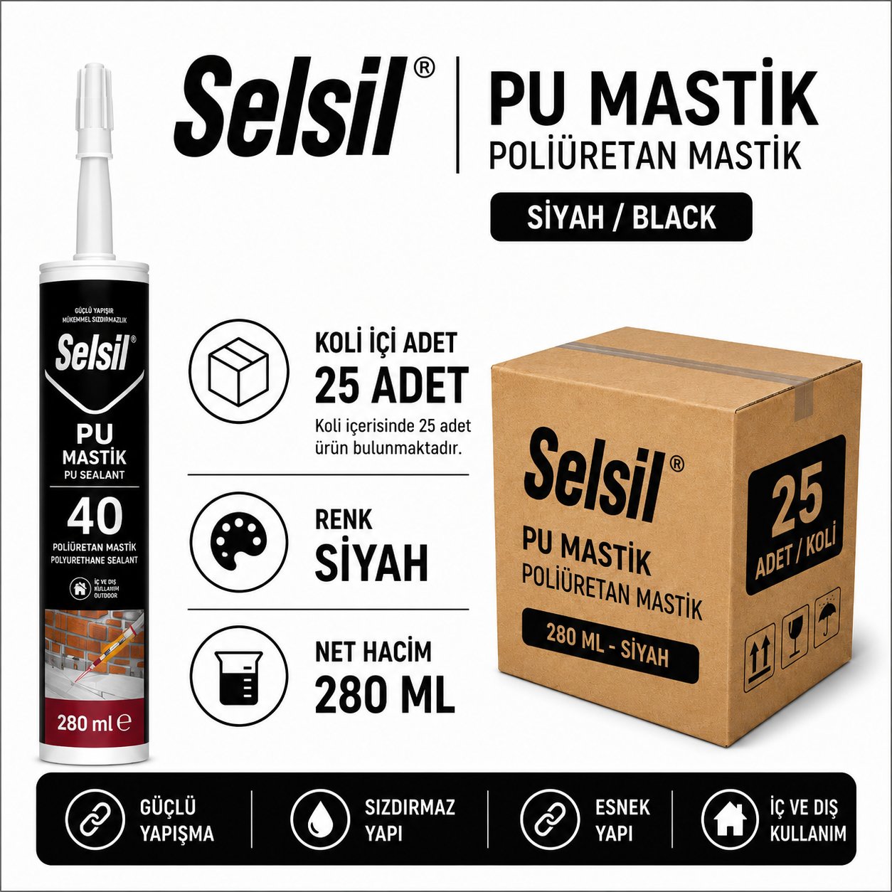 Selsil PU Mastik 40 Siyah 280 ML | Poliüretan Sızdırmazlık MastiğiSelsilSelsil PU Mastik 280ML Siyah-25'li KoliPu-Mas-SYH