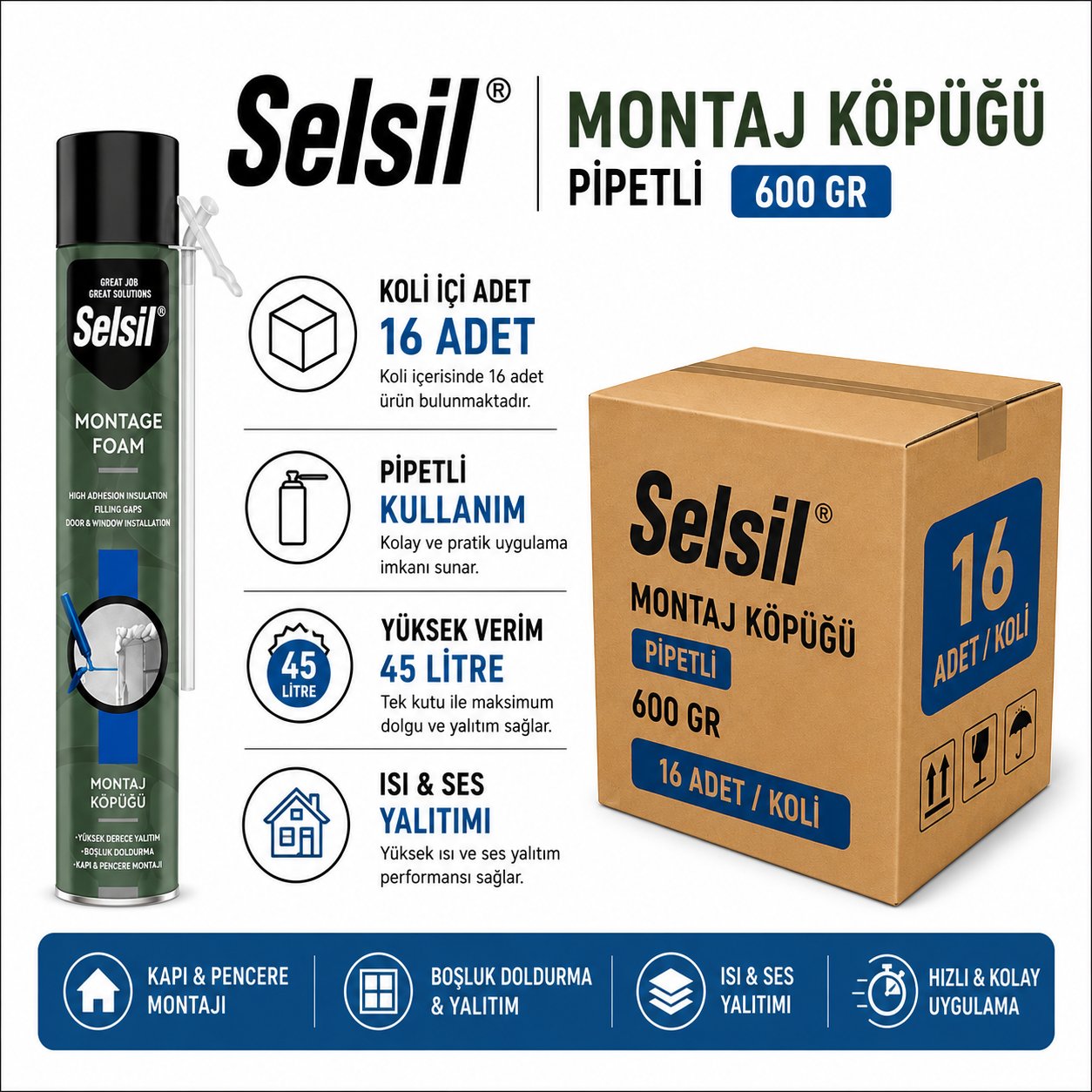 Selsil PU Montaj Köpüğü 600GR | Isı ve Ses Yalıtım KöpüğüSelsilSelsil Pu Montaj Köpüğü 600GR Pipetli--16'lı KoliPu-600