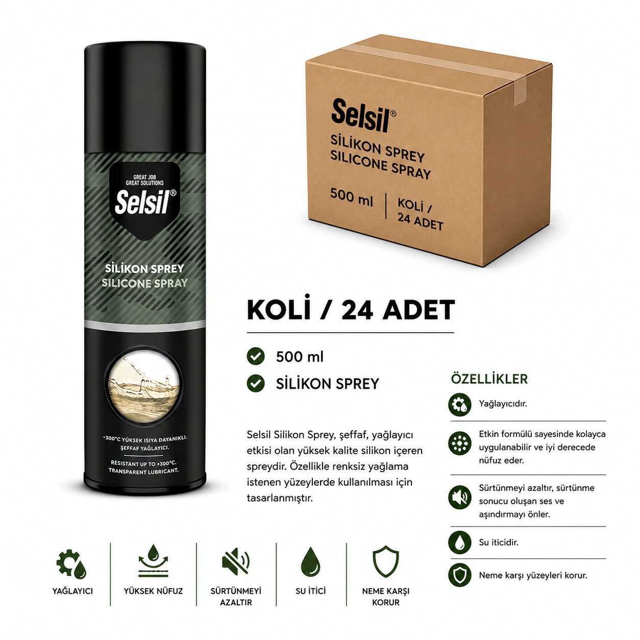 Selsil Silikon Sprey 500 ml | Renksiz Yağlayıcı ve KoruyucuSelsilSelsil Silikon Sprey 500 ML--(24 Adet)SEL-SS500
