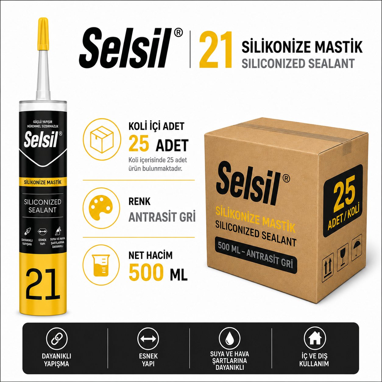 Selsil Silikonize Mastik Antrasit Gri 500 Gr 25'li Koli | TooloraSelsilSelsil Silikonize Mastik-500 Gr AntrasitGri 25'li KoliSM-500-SYH