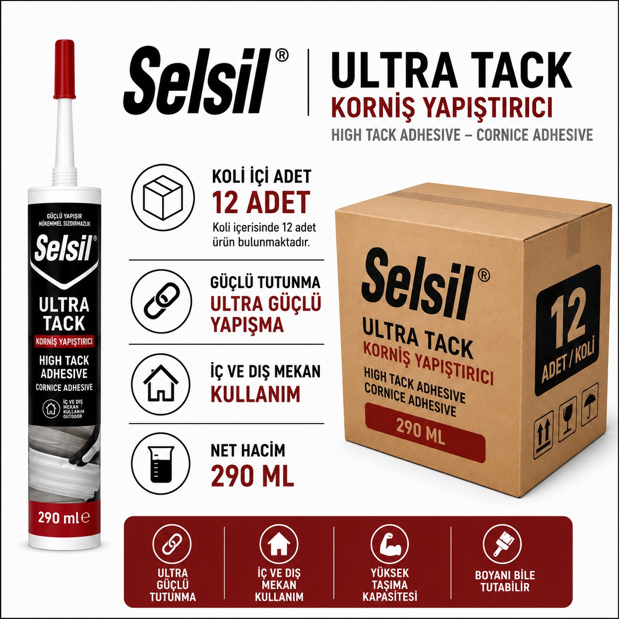 Selsil Ultra Tack No Nail Beyaz 290 ML | Güçlü Montaj YapıştırıcısıSelsilSelsil Ultra Tack (Korniş Yapıştırıcı)-290ML-12'li Koli -SEL-Ultra