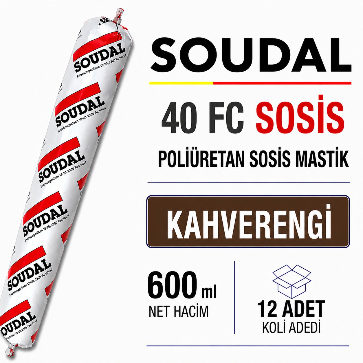 Soudal 40FC Poliüretan Mastik Sosis Kahverengi 600 ML (12 Adet) - Ağır Hizmet TipiSoudalSoudal 40FC Poliüretan Mastik Sosis 600 Ml  Kahverengi -(12 Adet)40Fc-Kahverengi