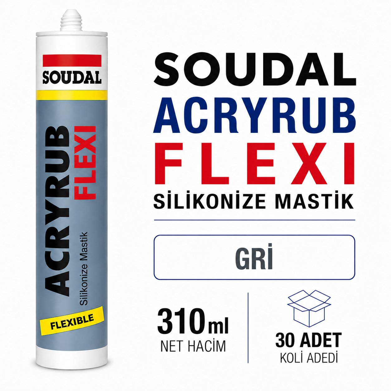 Soudal Acryrub Flexi Gri Akrilik Silikonize Mastik 310 ml | Toolora MarketSoudalSoudal Acryrub Flexi Silikonize Gri Mastik 310ml-(30 Adet)Flexi-Gri
