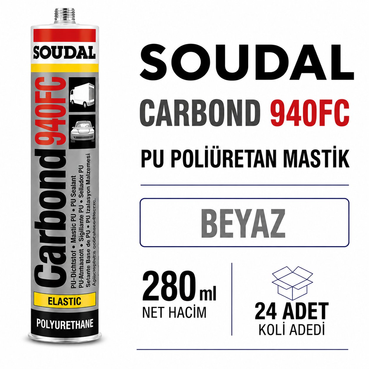 Soudal Poliüretan Mastik 940FC Beyaz 280 ML (24 Adet) - Yüksek Performanslı YapıştırıcıSoudalSoudal Poliüretan Mastik 280 Ml 940Fc Beyaz -(24 Adet)275.07.940B