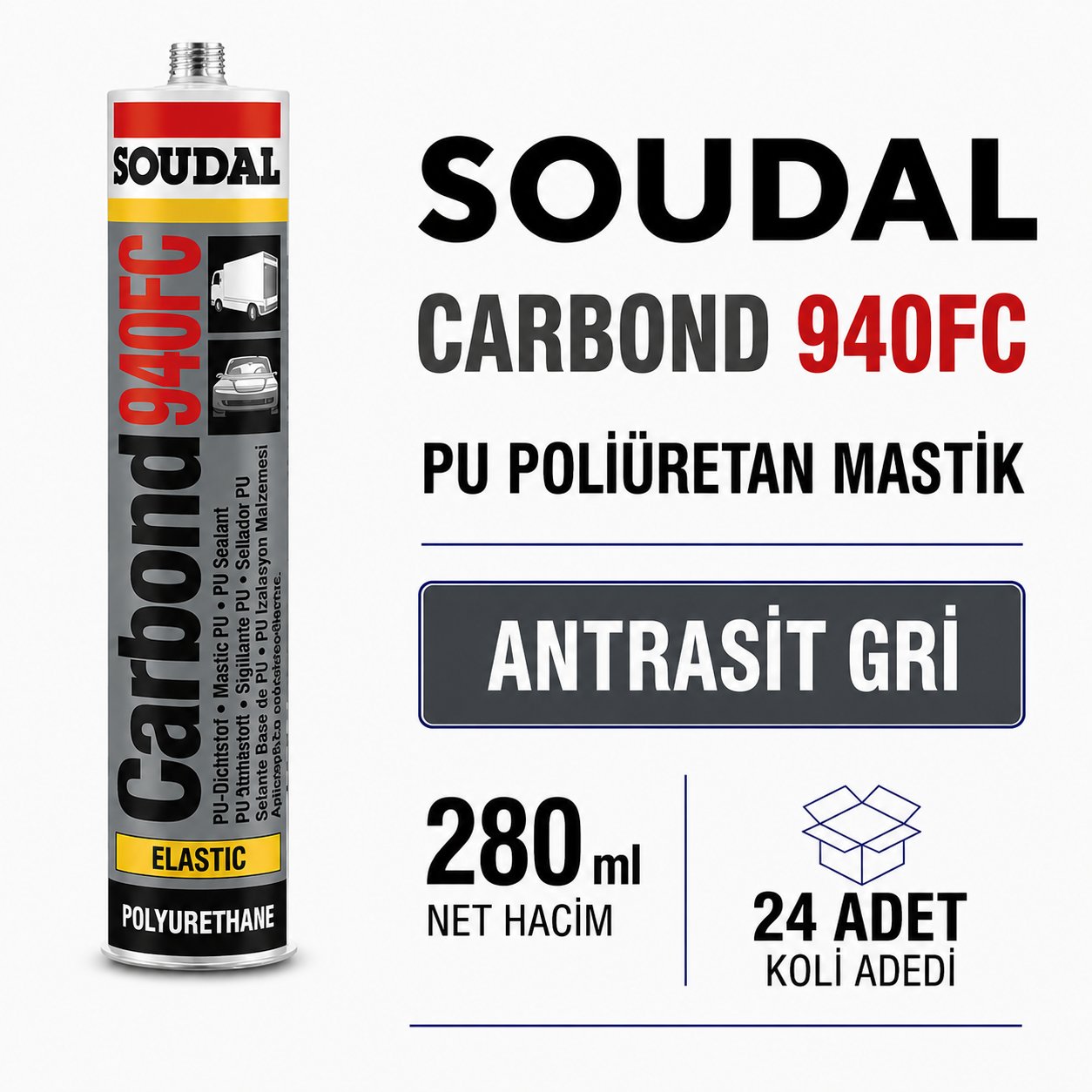 Soudal Poliüretan Mastik 940FC Antrasit Gri 280 ML (24 Adet) - Güçlü ve Esnek BağlantıSoudalSoudal Poliüretan Mastik 280 Ml 940Fc Antrasit Gri -(24 Adet)275.07.940S