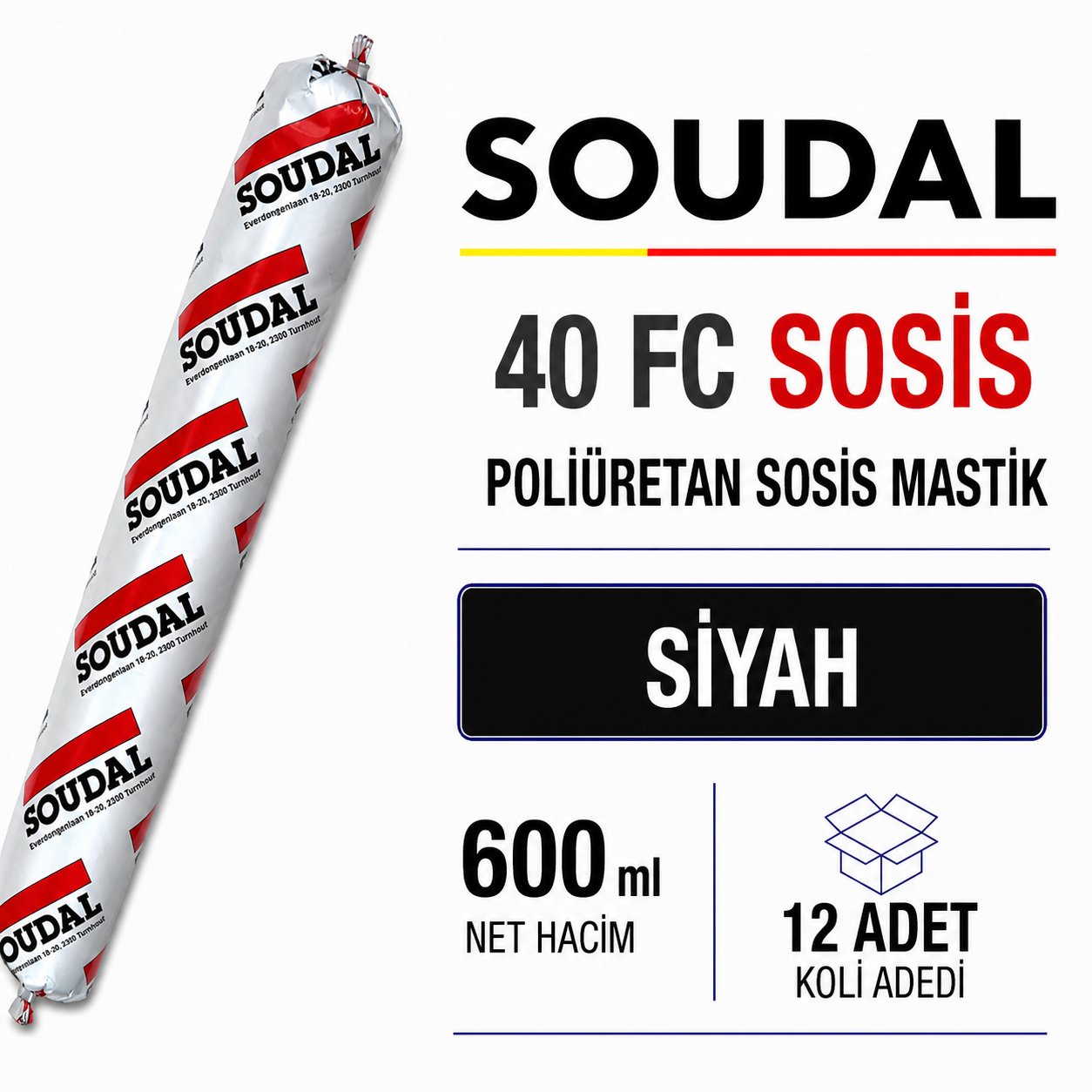 Soudal Poliüretan Mastik Sosis Siyah 600 ML (12 Adet) - Ağır Hizmet TipiSoudalSoudal Poliüretan Mastik Sosis 600 Ml  Siyah -(12 Adet)275.08.40FS
