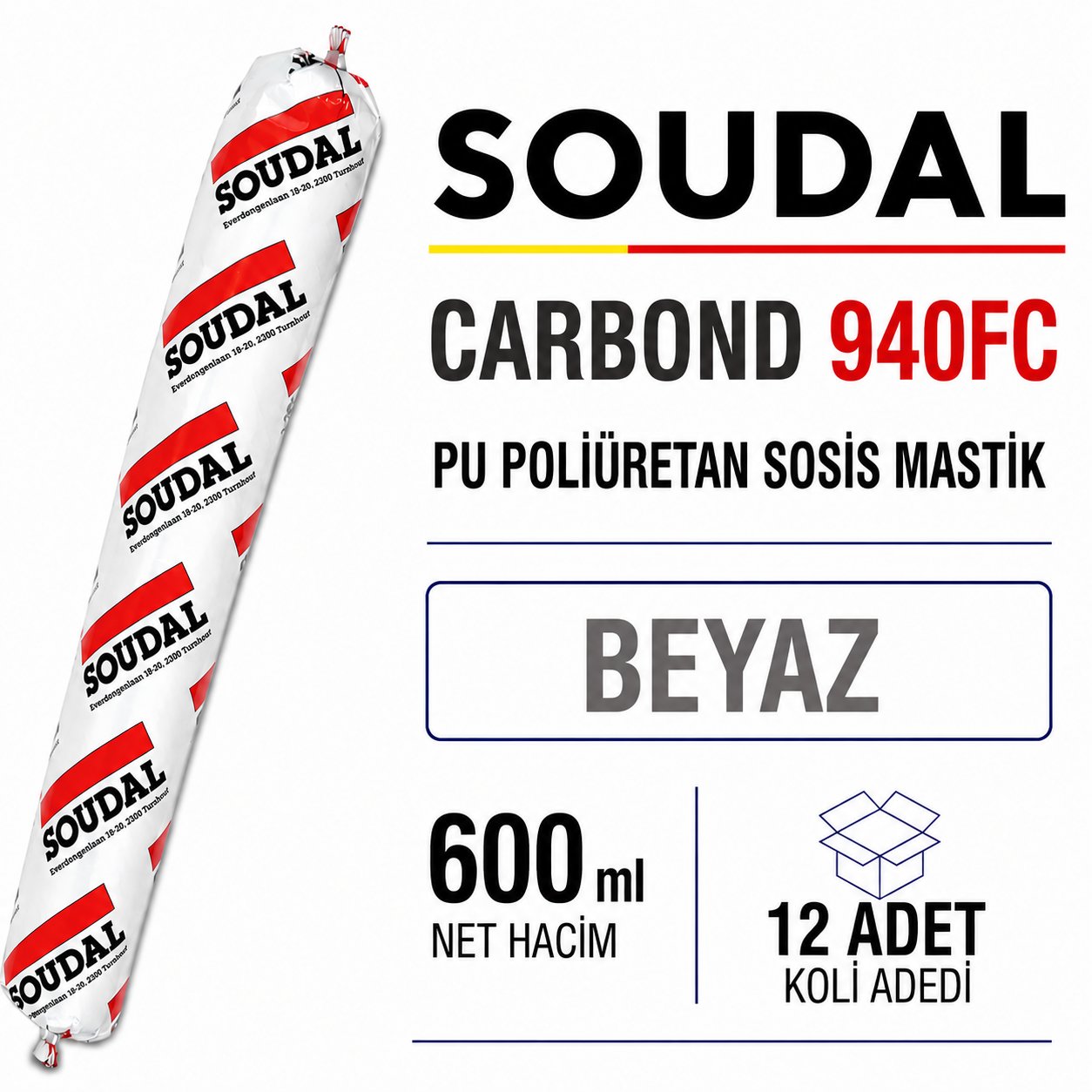  Soudal Poliüretan Sosis Mastik 940FC Beyaz 600 ML (12 Adet) - Çok Amaçlı Dolgu ve YapıştırıcıSoudalSoudal Poliüretan Sosis Mastik 600 Ml 940Fc Beyaz-(12 Adet)940fc-Byz-600