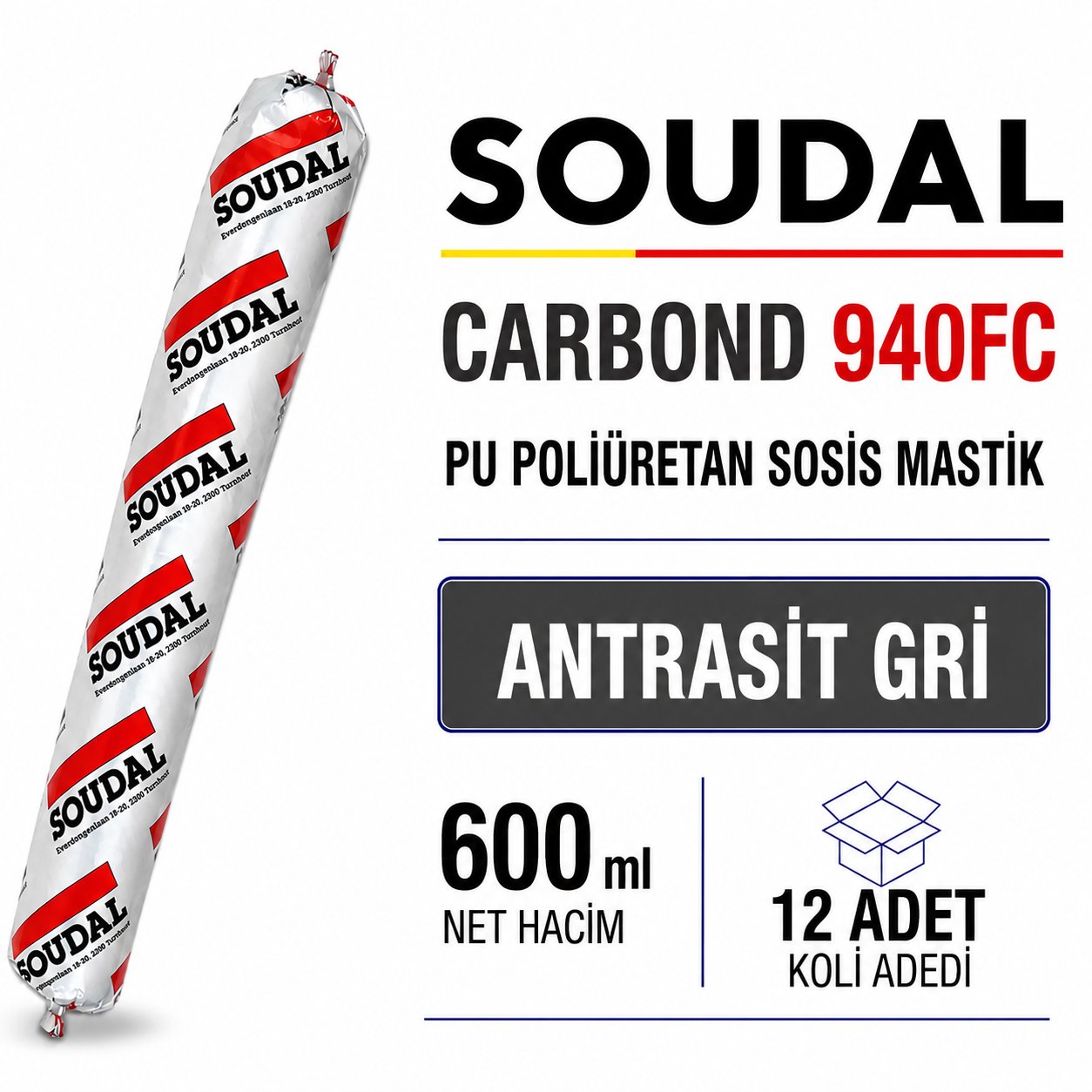  Soudal Poliüretan Sosis Mastik 940FC Antrasit Gri 600 ML (12 Adet) - Çok Amaçlı Dolgu ve YapıştırıcıSoudalSoudal Poliüretan Sosis Mastik 600 Ml 940Fc Antrasit Gri-(12 Adet)940fc-AntGri-600