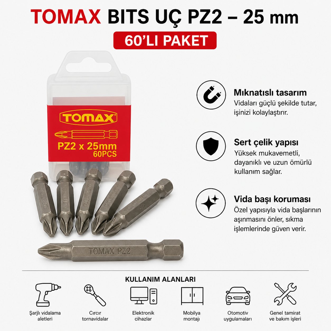 Tomax Pozidriv Bits Uç PZ2 25 mm (60'lı Paket) | En YaygınTomaxTomax Bits Uç Pz2 25 Mm-(60'lı Paket)114.28.P225