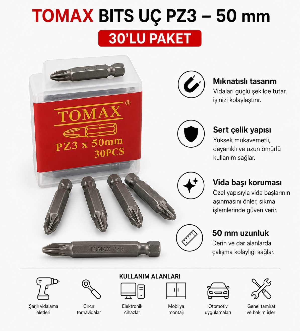 Tomax Pozidriv Bits Uç PZ3 50 mm (30'lu Paket) | Geniş VidaTomaxTomax Bits Uç Pz3 50 Mm-(30'lu Paket)114.28.P350