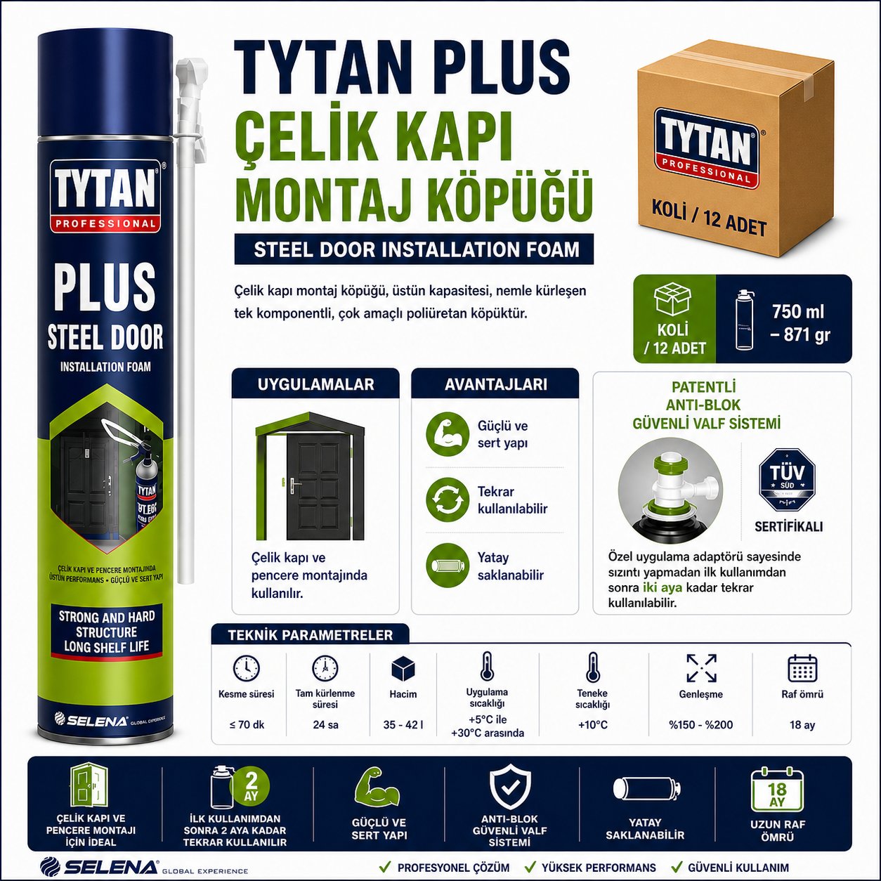 Tytan Çelik Kapı Montaj Köpüğü 870 GR – Güçlü ve Tekrar KullanılabilirTytanTytan Plus Çelik Kapı Montaj Köpüğü 870GR-(12 Adet)TYT-PLUS-DOOR-880